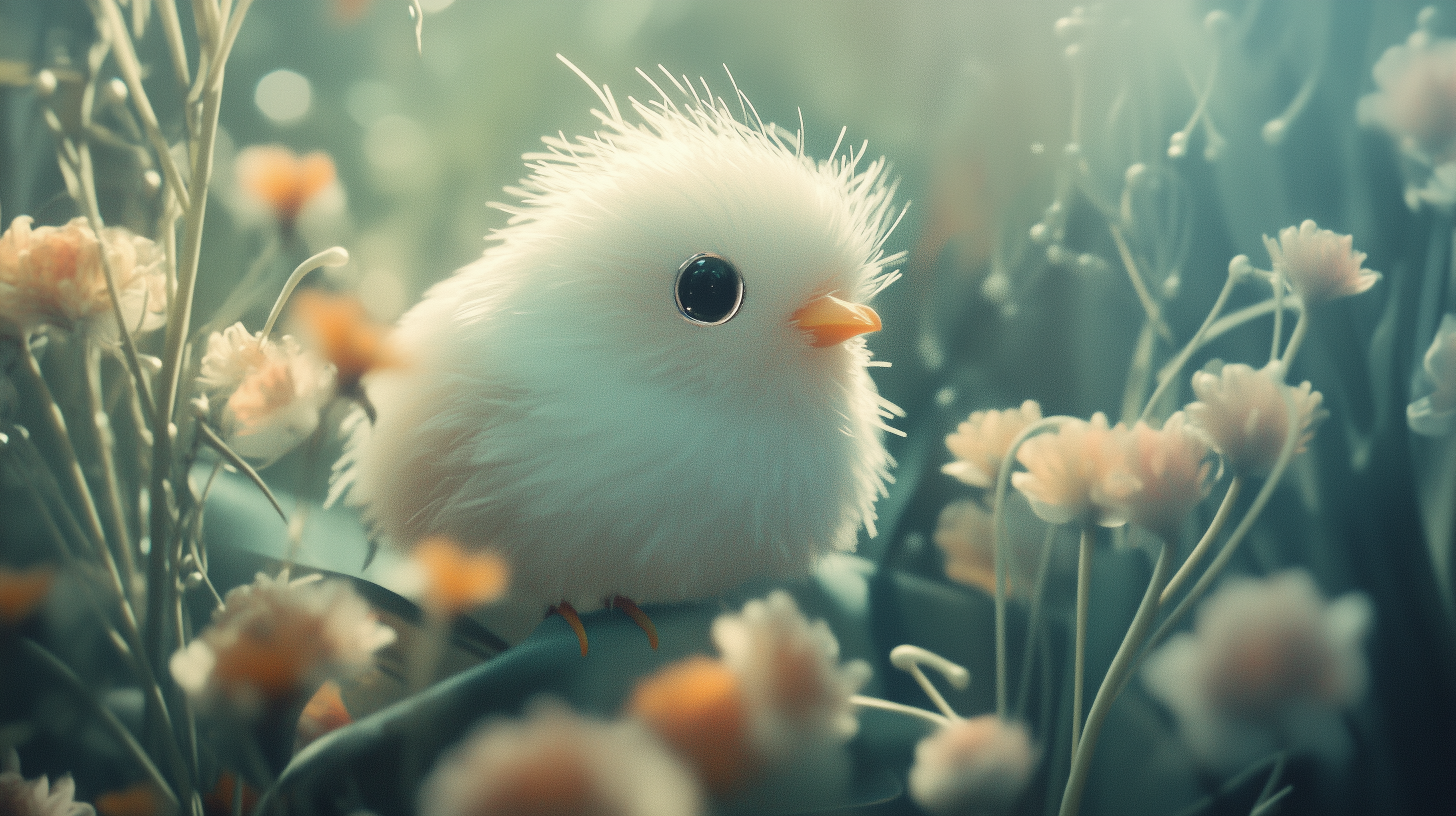 A cute, fluffy white bird with big black eyes sits among delicate flowers, surrounded by soft, ethereal greenery.