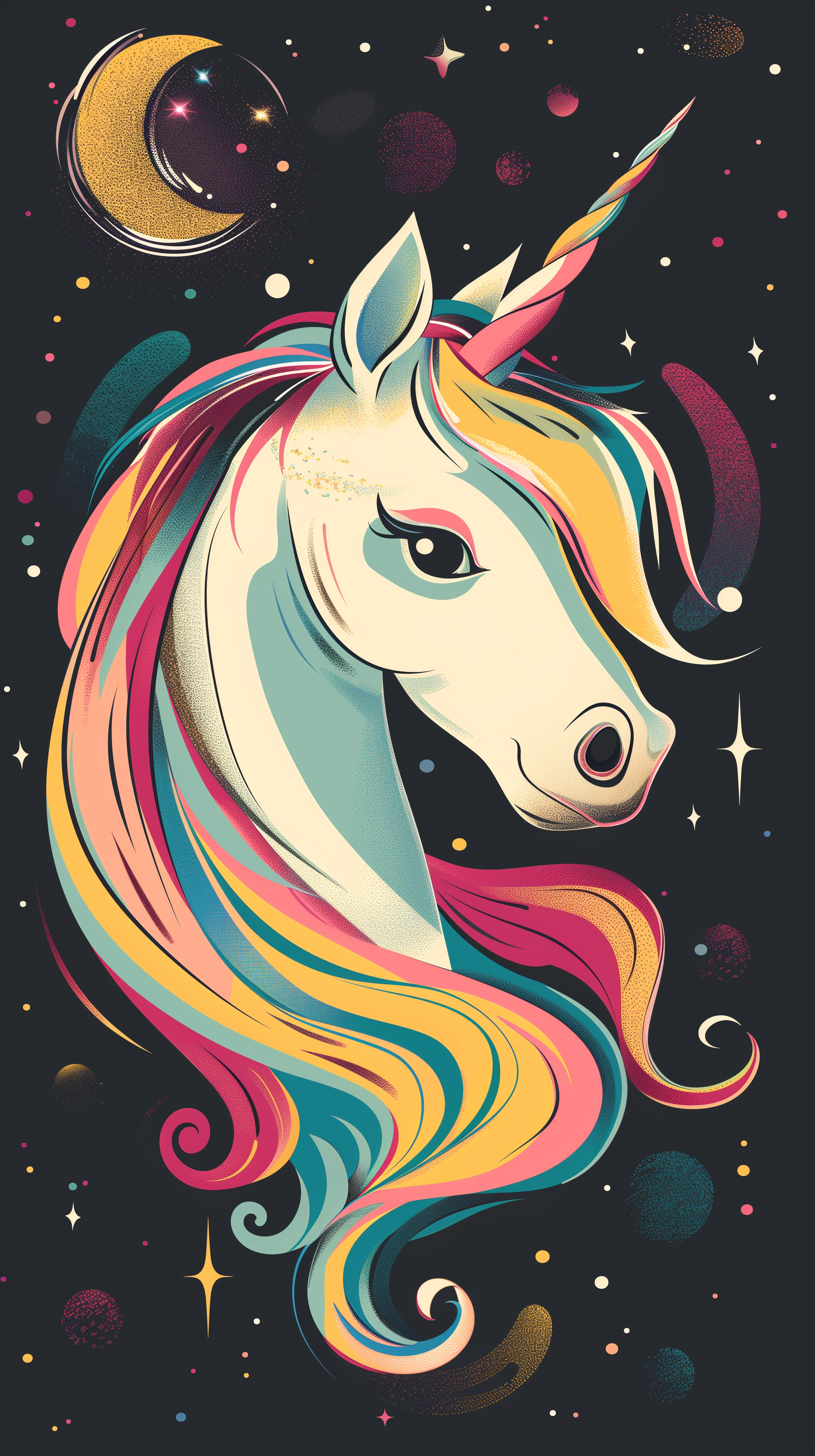 An HD phone wallpaper featuring a colorful unicorn with a flowing rainbow mane against a dark, starry background with a crescent moon.