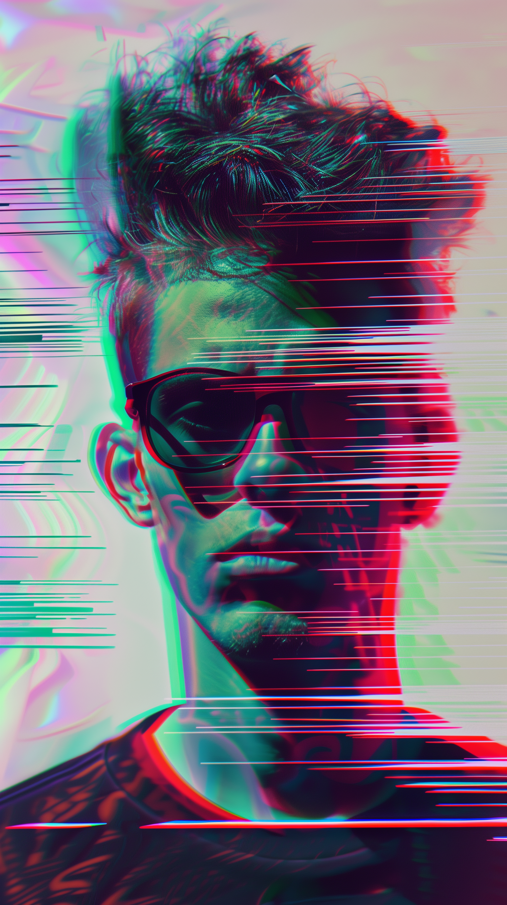 Aesthetic HD phone wallpaper featuring a man with cool sunglasses and styled hair, overlaid with a vibrant glitch effect, creating a striking and modern visual impact.