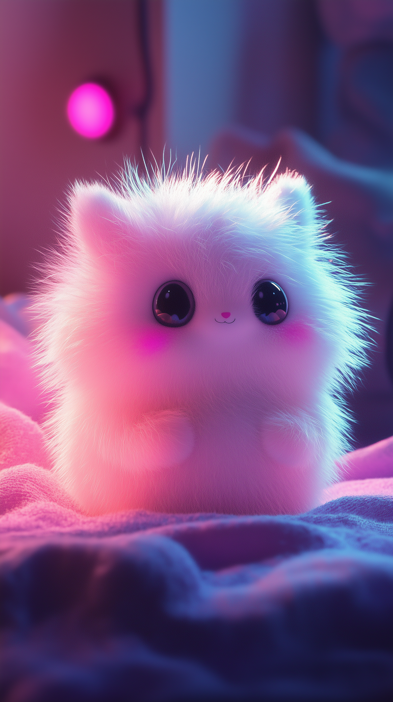 A fluffy, cute white creature with large eyes and rosy cheeks sits on a soft surface, illuminated by colorful lights, creating an adorable and cozy atmosphere.