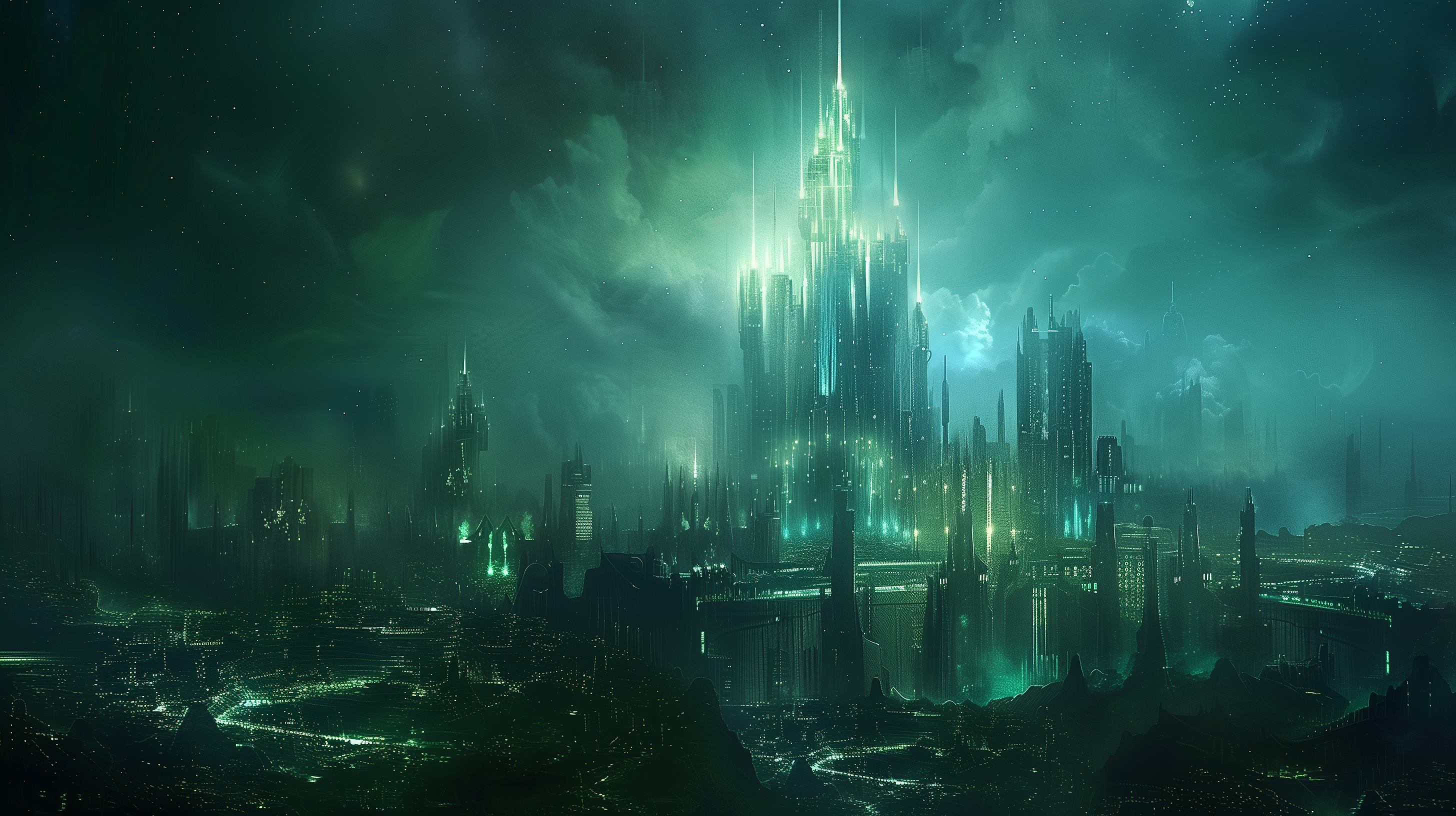 A futuristic sci-fi city illuminated with neon green lights, featuring a towering citadel in the center, set against a moody, dark sky.