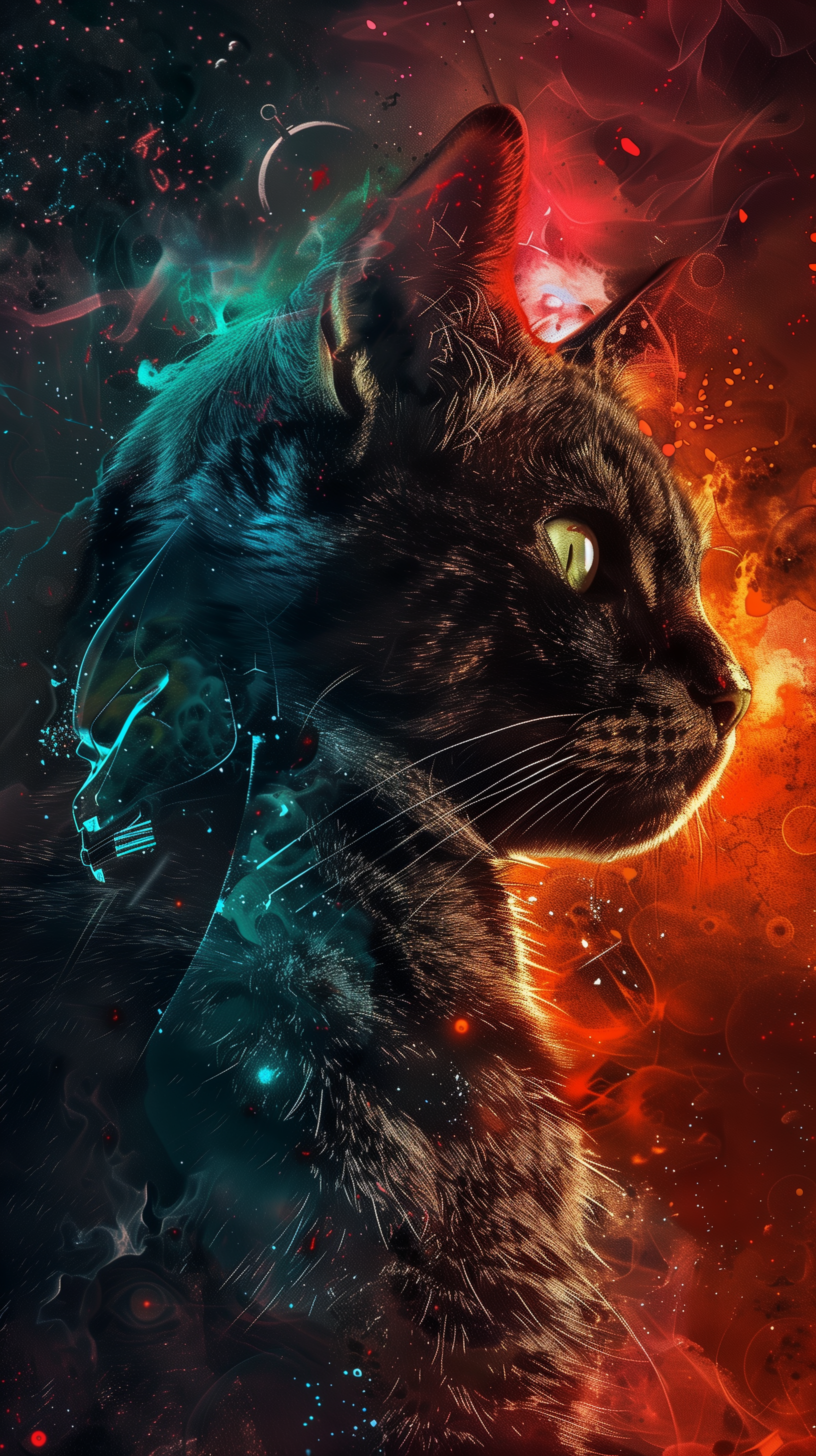 HD iPhone wallpaper featuring a digitally enhanced cat profile, with vibrant and contrasting light effects in red and blue hues, creating a dynamic and artistic visual.