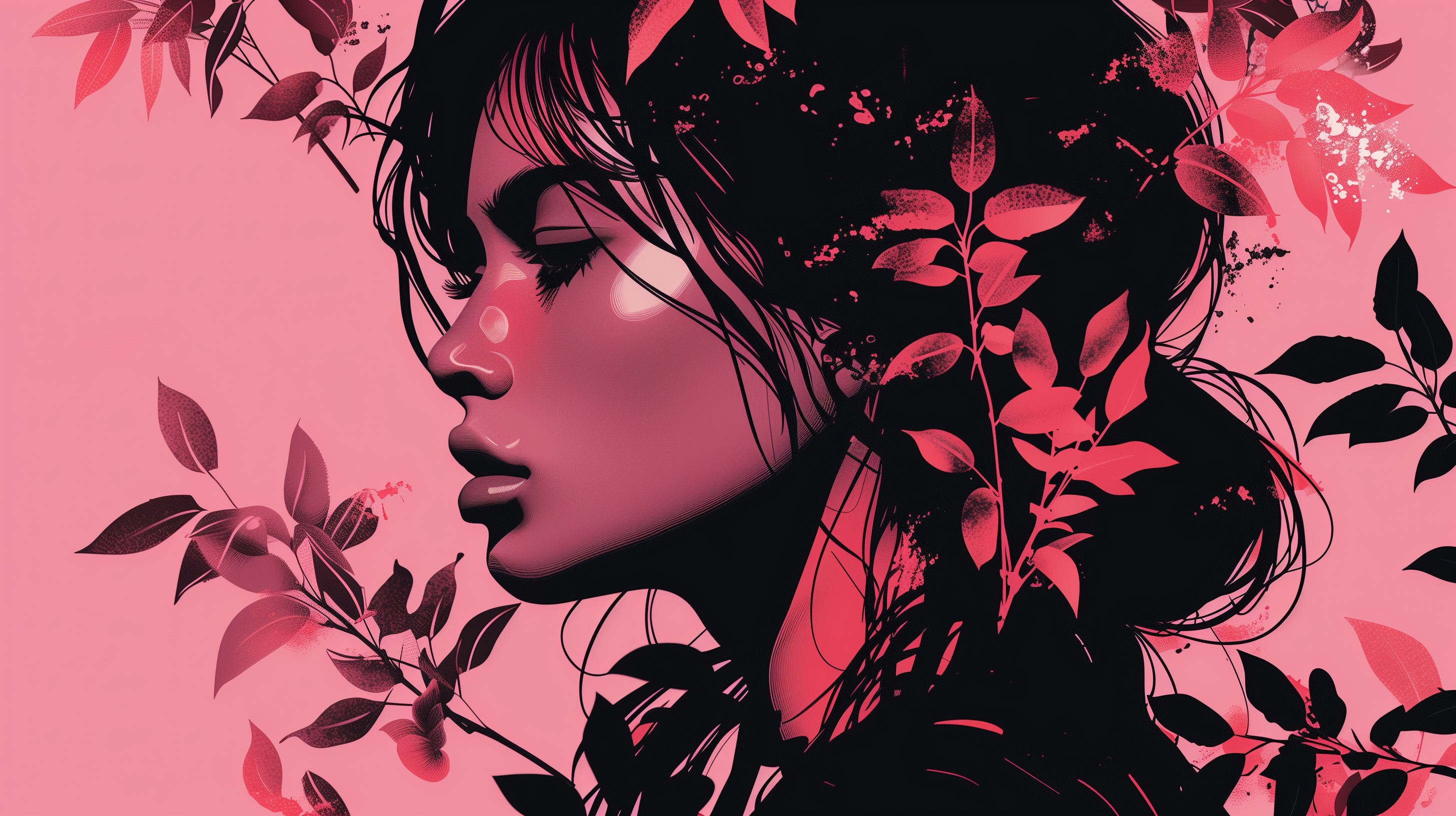 Aesthetic HD desktop wallpaper depicting a woman's side profile surrounded by vibrant red leaves against a pink background, capturing a serene and artistic vibe.