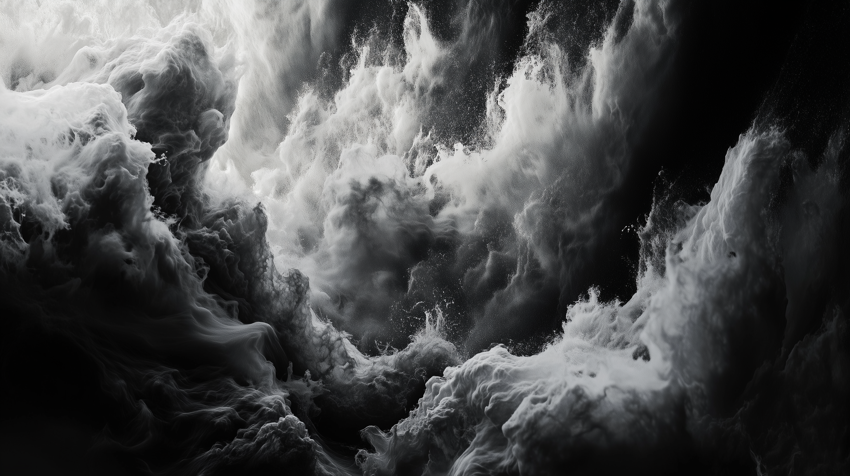 A dramatic black and white depiction of swirling clouds, showcasing dynamic textures and contrasts, creating a visually striking and immersive HD desktop wallpaper.