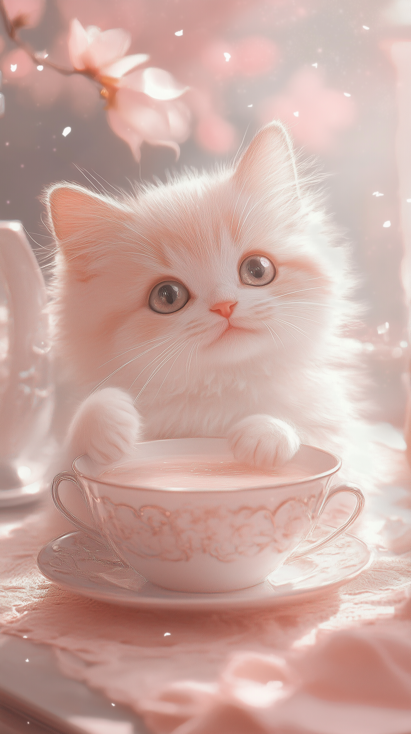 A fluffy white kitten sits with its paws on a delicate tea cup, surrounded by soft pink hues, evoking a charming tea party atmosphere.