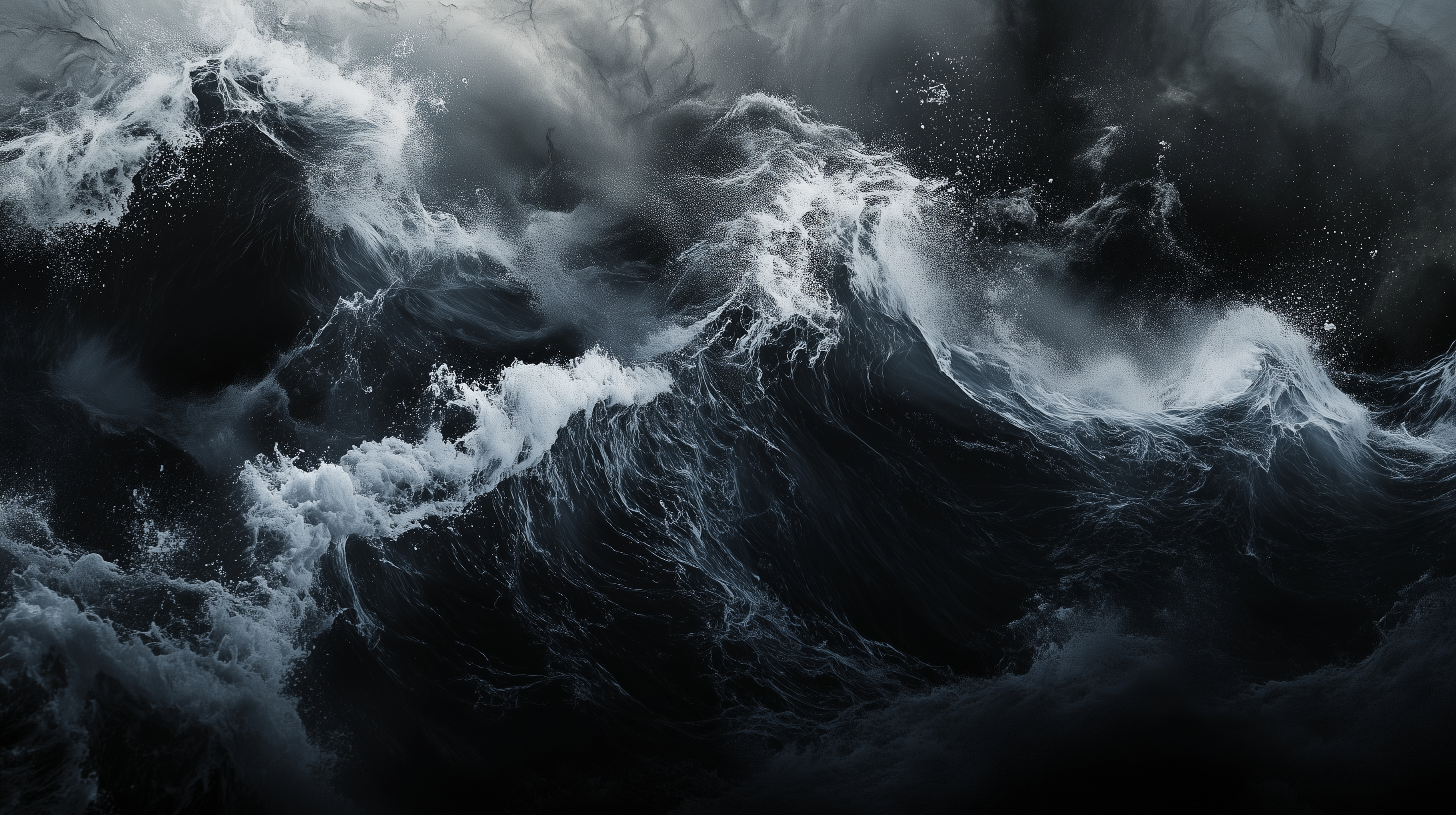 A dramatic scene of dark, turbulent ocean waves crashing, creating a powerful and dynamic display of movement and energy against a moody backdrop.