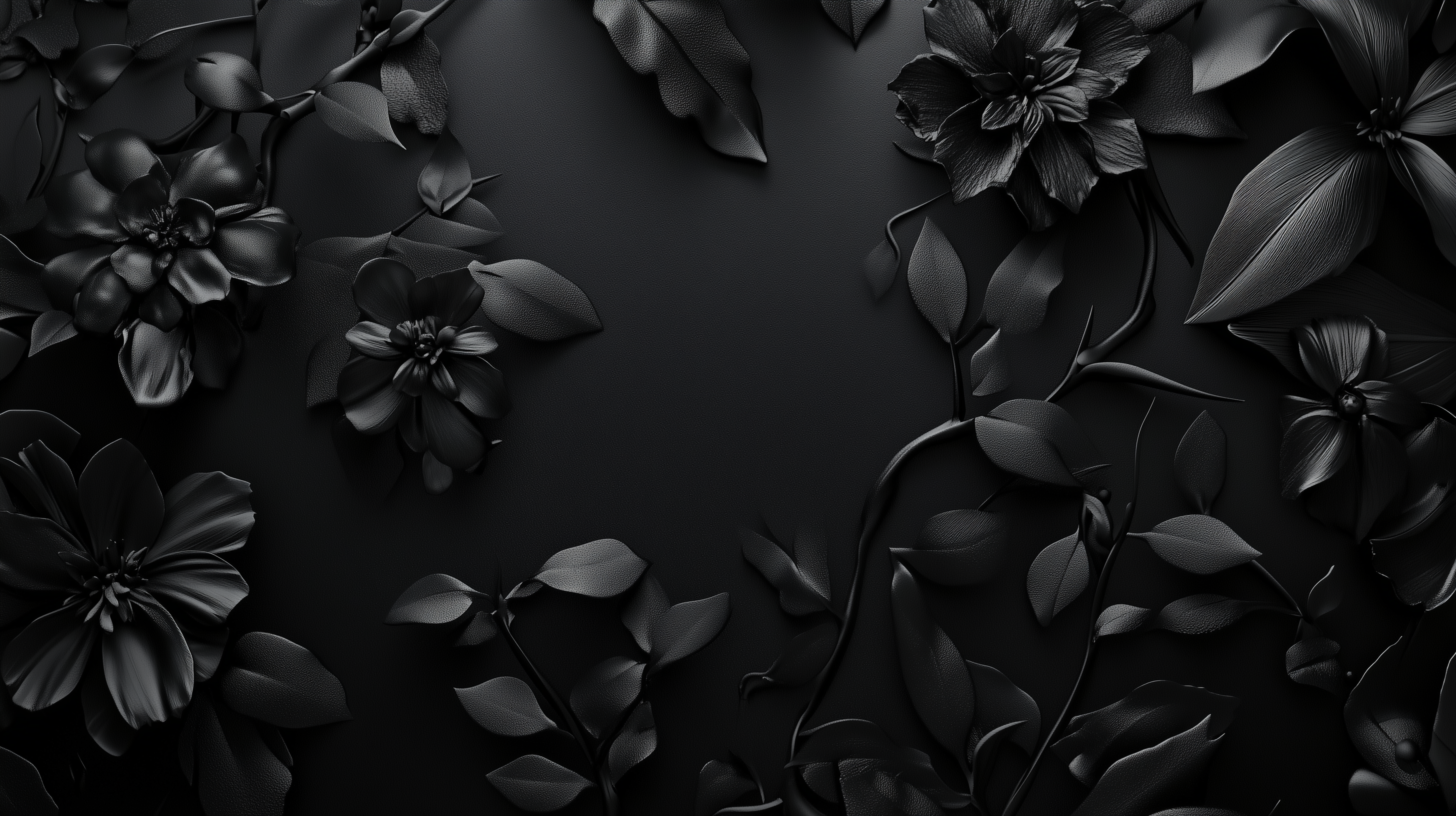 A stunning black floral arrangement featuring various intricately designed flowers and leaves against a dark background, creating a dramatic and elegant visual effect.