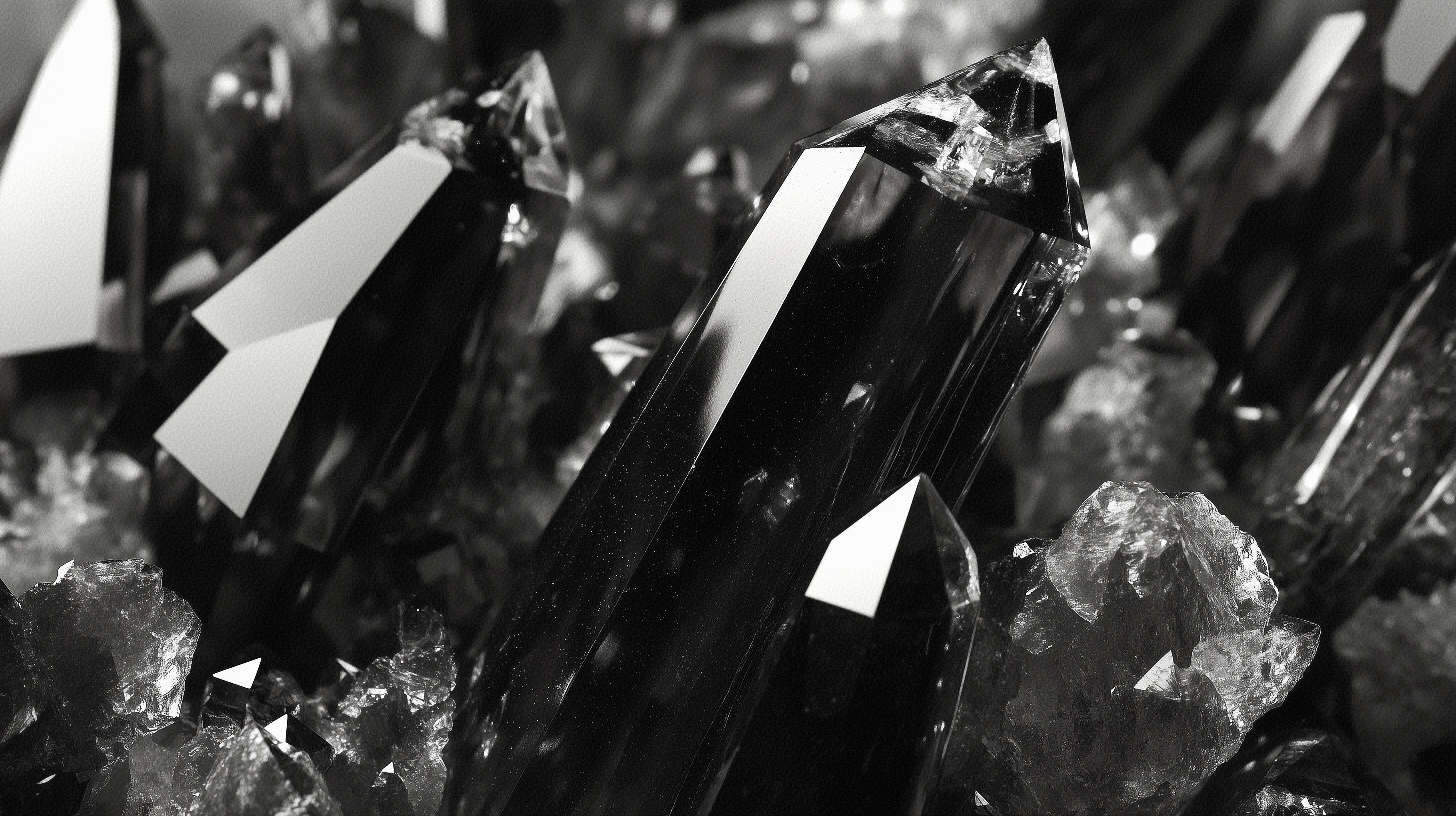 A close-up view of shiny black crystal formations, reflecting light against a backdrop of rough, dark mineral textures, creating a striking visual contrast.