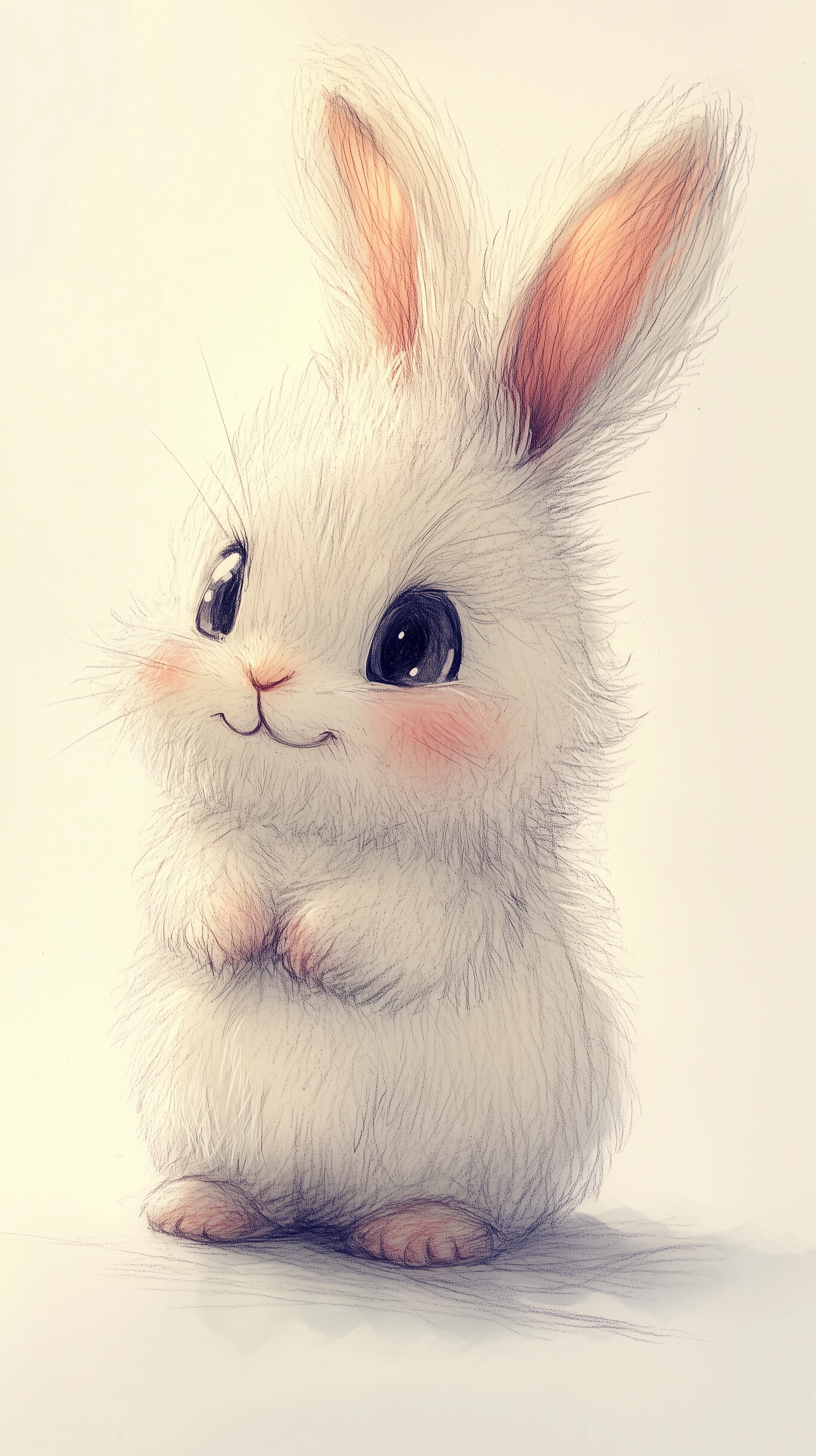 A cute, fluffy white rabbit with large eyes and pink accents stands upright, exuding a playful charm, set against a soft background, ideal for an HD phone wallpaper.