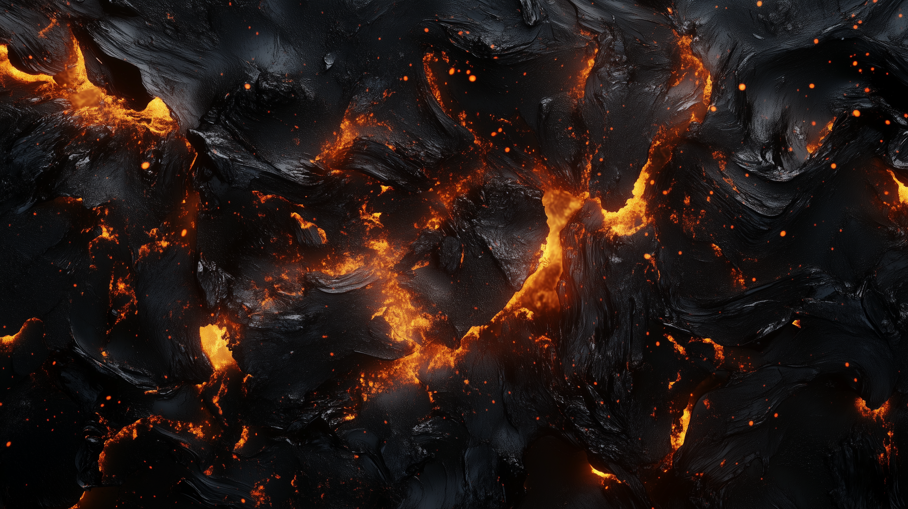 A textured black surface with vivid orange lava-like cracks and glowing embers, creating a dynamic contrast and an intense visual effect.