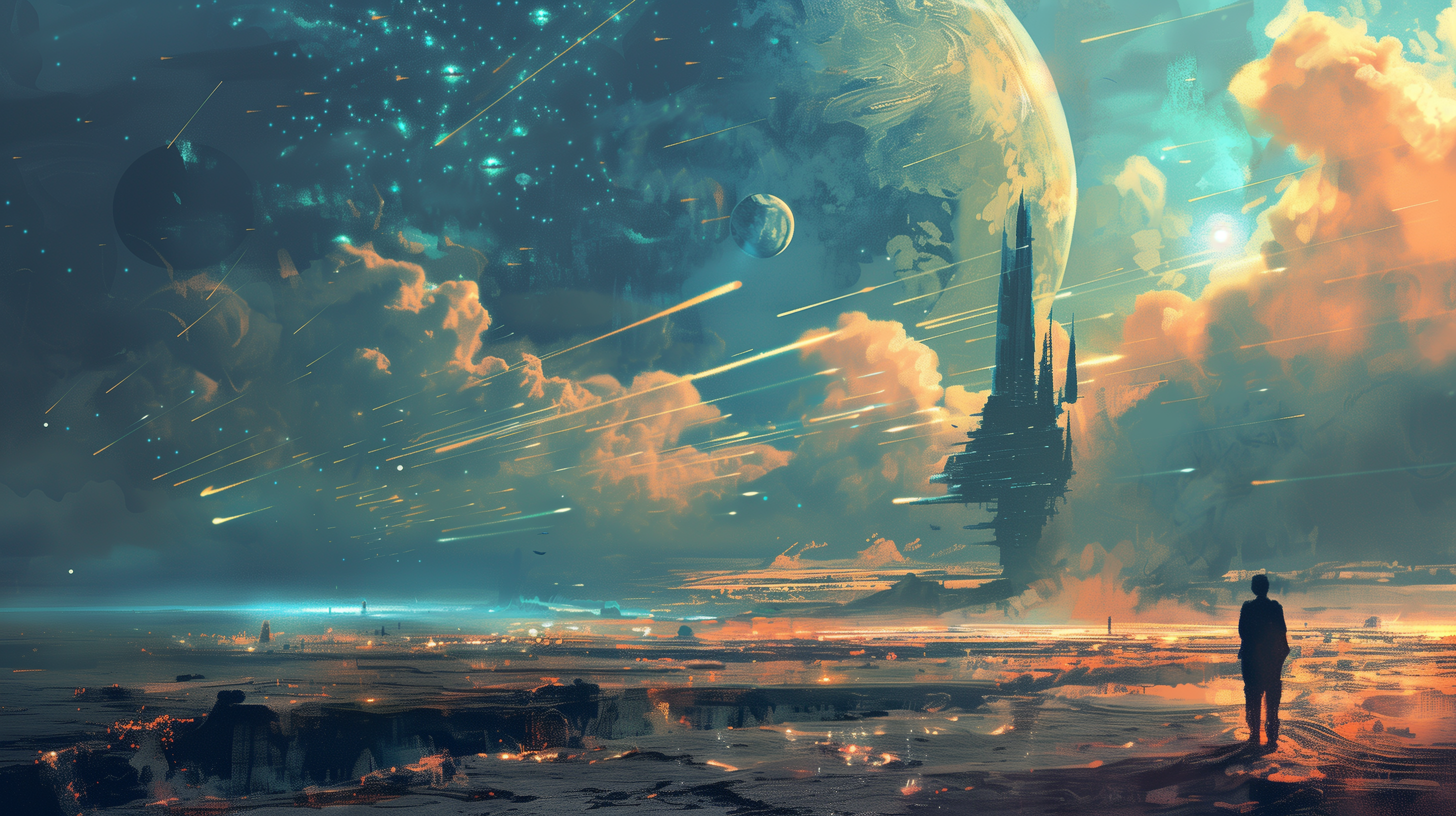 A sci-fi HD desktop wallpaper depicting an alien plantscape with a lone figure looking at a towering structure against the backdrop of a giant planet and a sky filled with shooting stars.