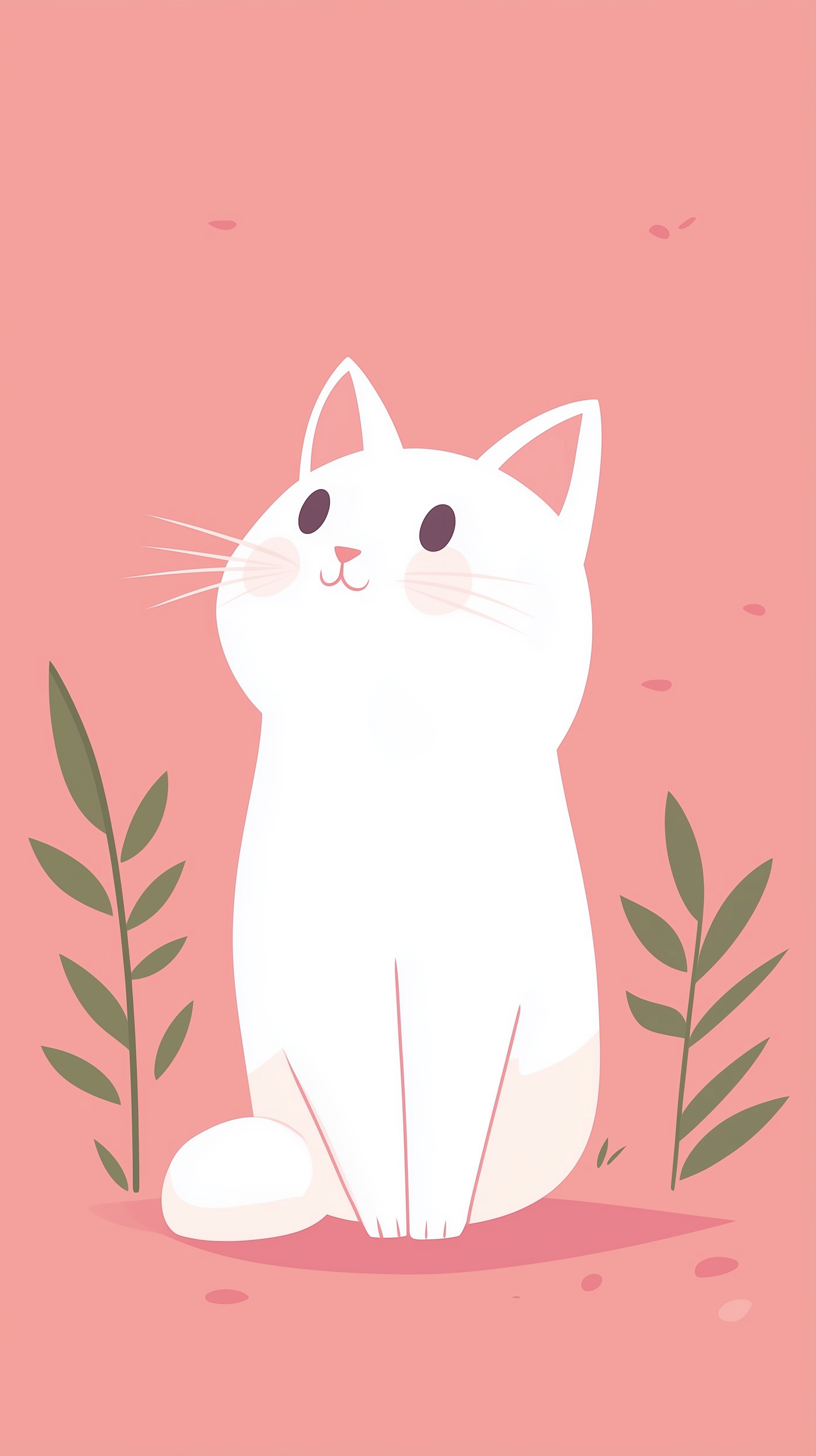 A cute white cat sits against a soft pink background, surrounded by green leaves, creating a charming and playful scene, perfect for an HD phone wallpaper.