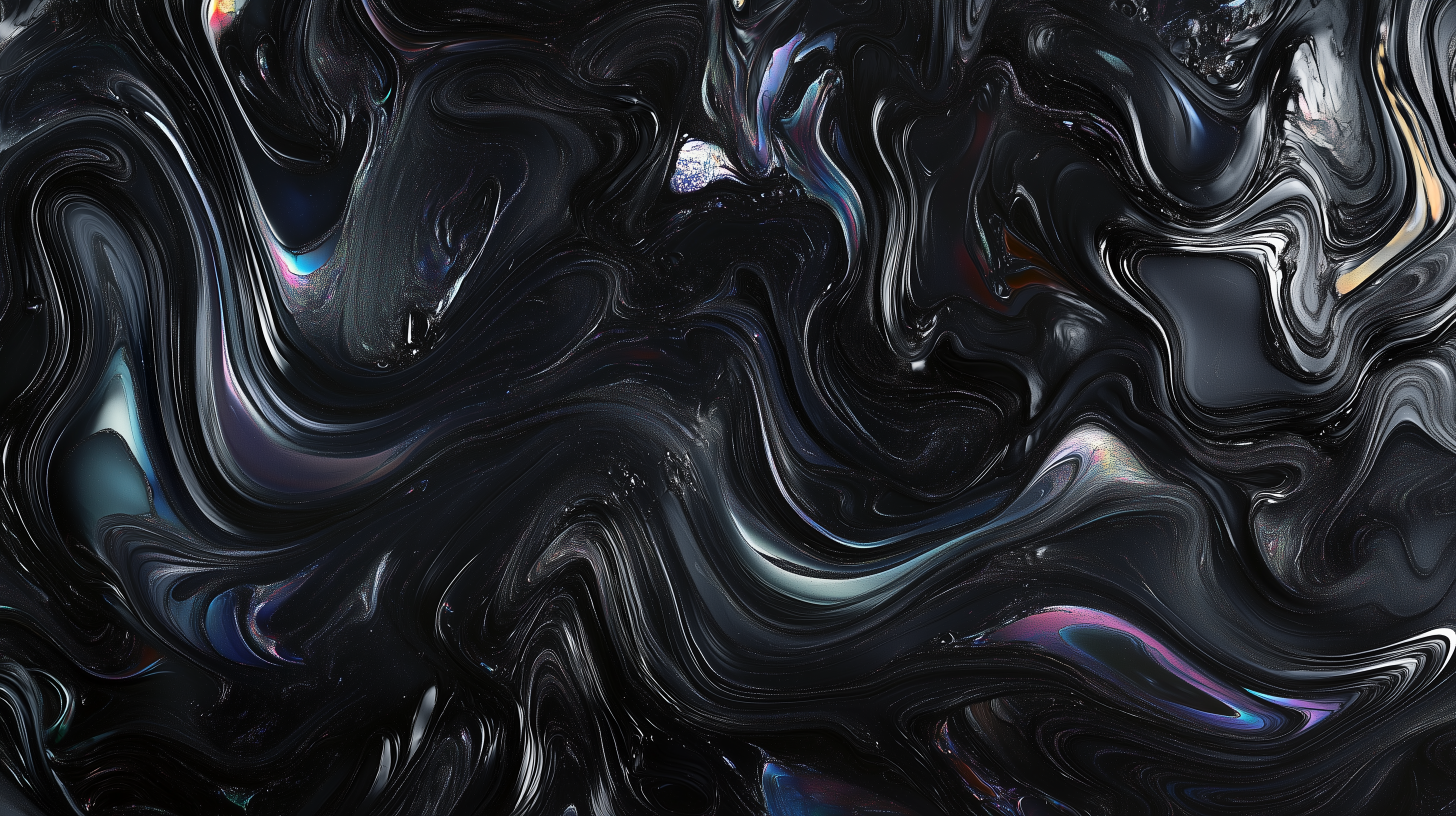 Abstract black background featuring swirling, liquid oil textures with hints of color reflecting light, creating a dynamic, fluid visual effect.