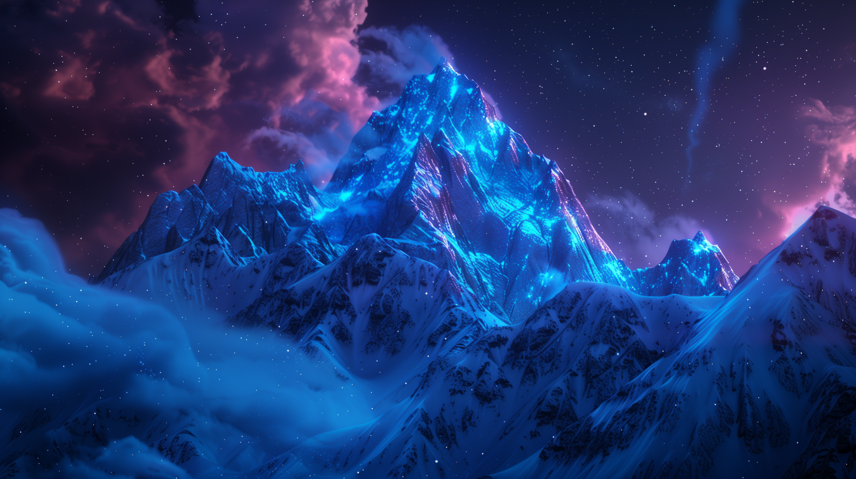 A stunning mountain landscape illuminated by blue light, surrounded by snow-capped peaks under a dramatic sky filled with swirling clouds and soft hues of purple and pink.