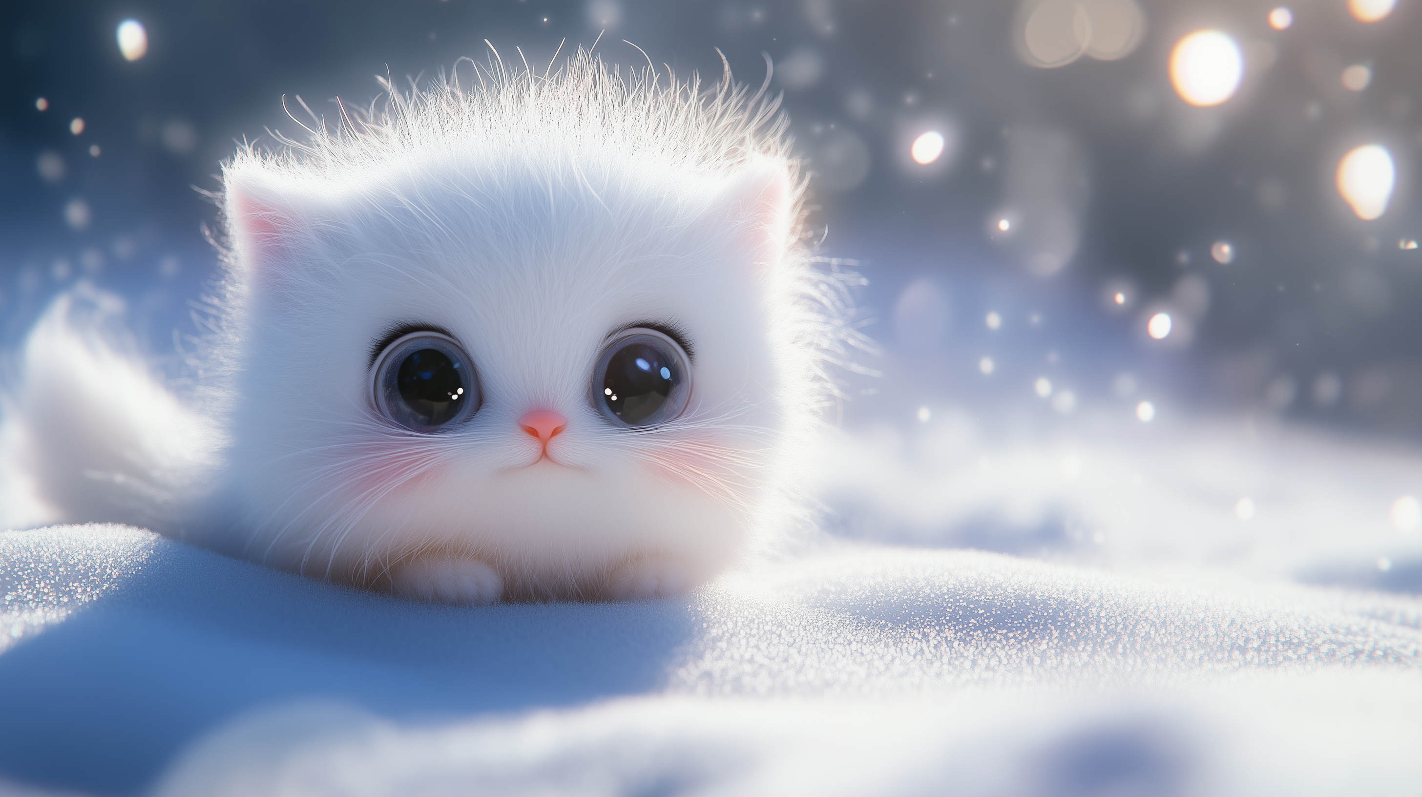 A cute, fluffy white kitten with large eyes sits on soft snow, surrounded by a dreamy, sparkling background, capturing a whimsical and serene winter scene.