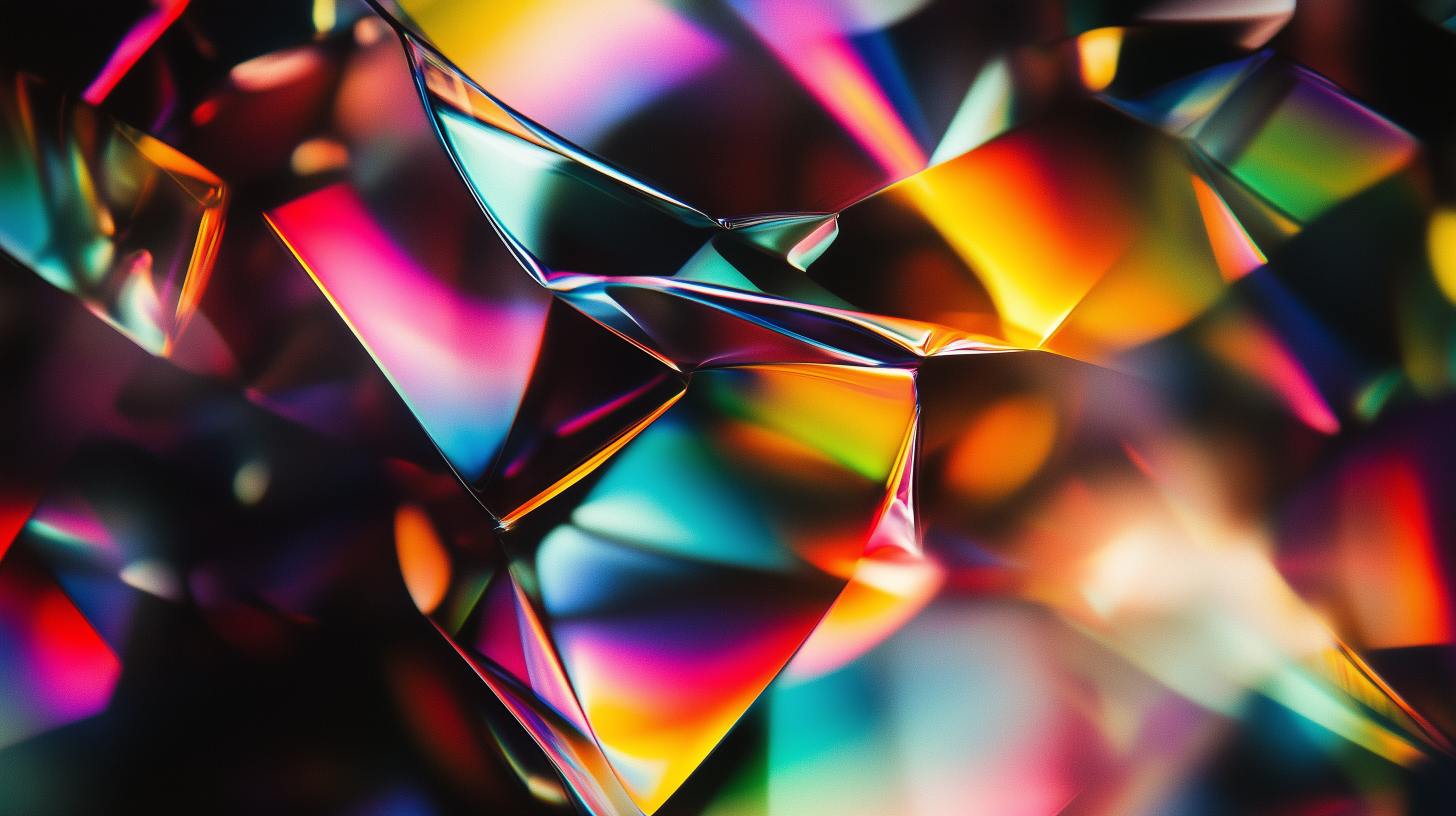 Vibrant, abstract close-up of iridescent, crystal-like surfaces reflecting a spectrum of colors, creating a dynamic and visually striking composition.