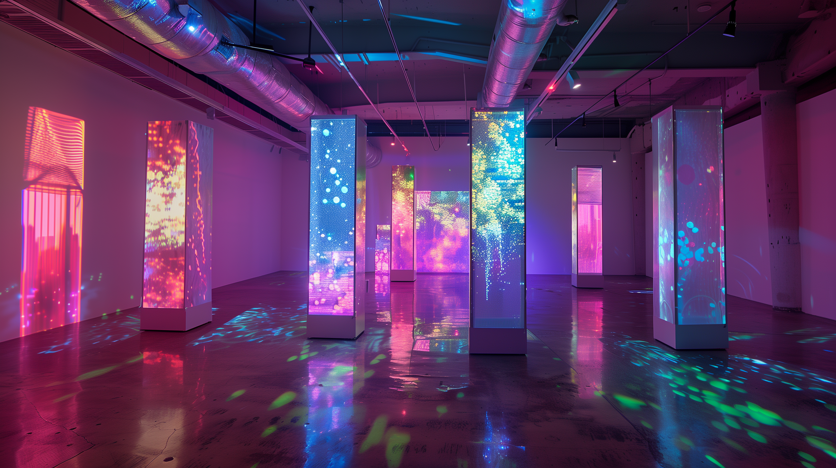 A vibrant room featuring tall pillars illuminated with colorful projections, casting ethereal light patterns across the glossy floor in an engaging aesthetic display.