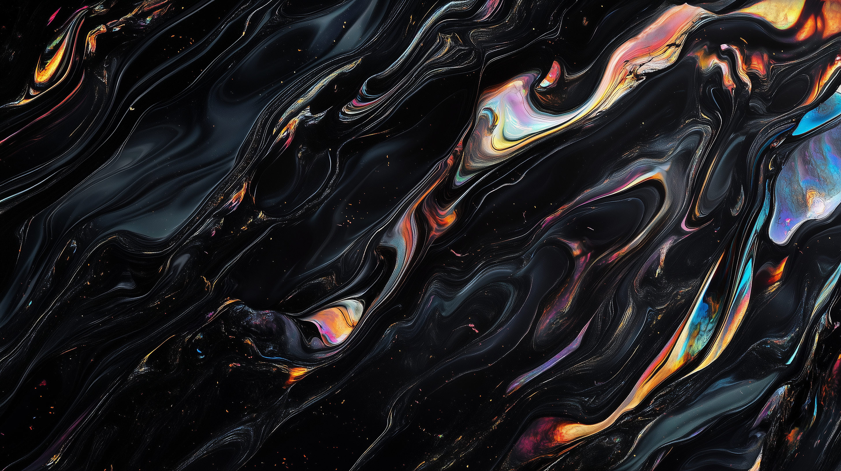 A fluid, abstract composition of vibrant colors swirling in a black base, resembling oil and liquid, creating a dynamic and captivating visual effect.