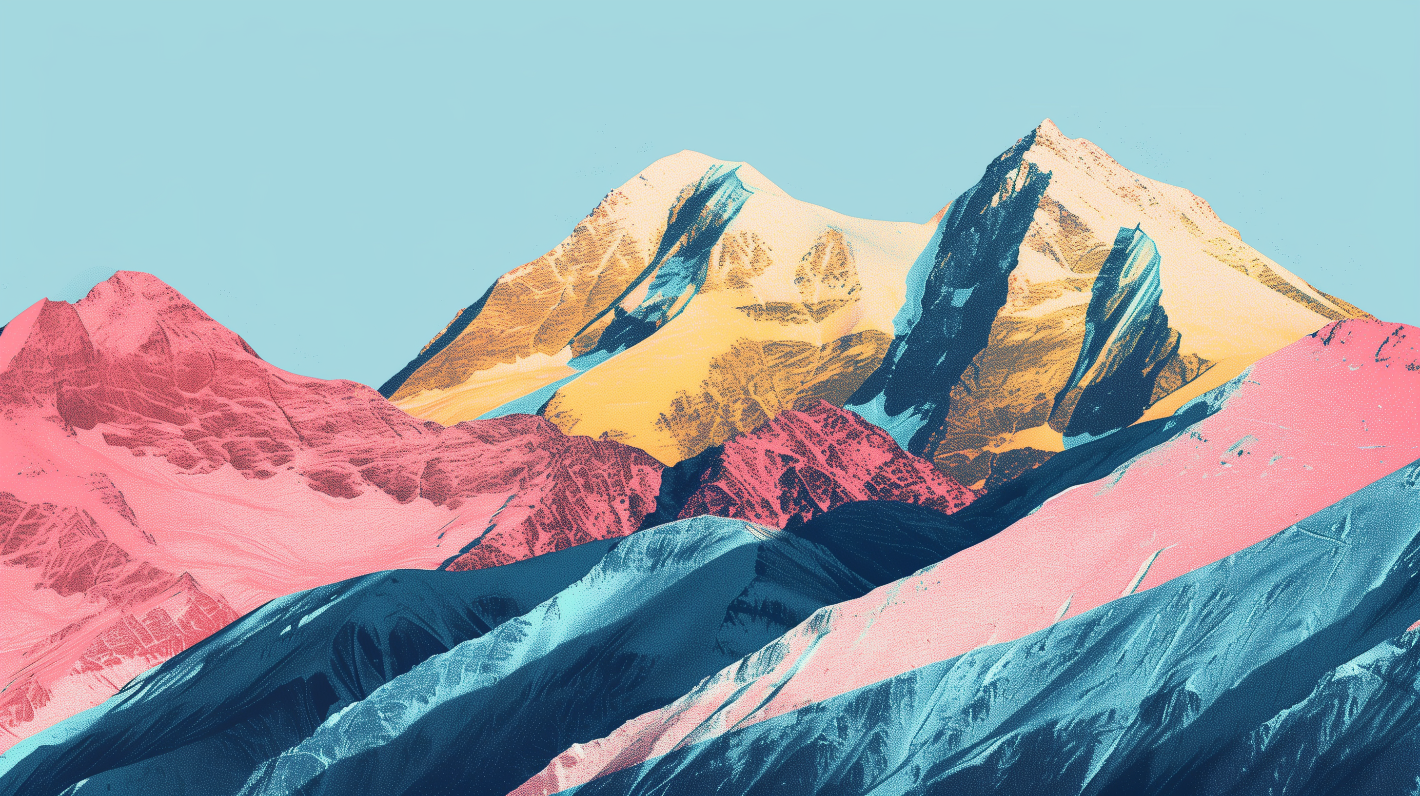 A vibrant HD desktop wallpaper featuring mountains with colorful peaks in shades of pink, blue, and gold against a light blue sky.