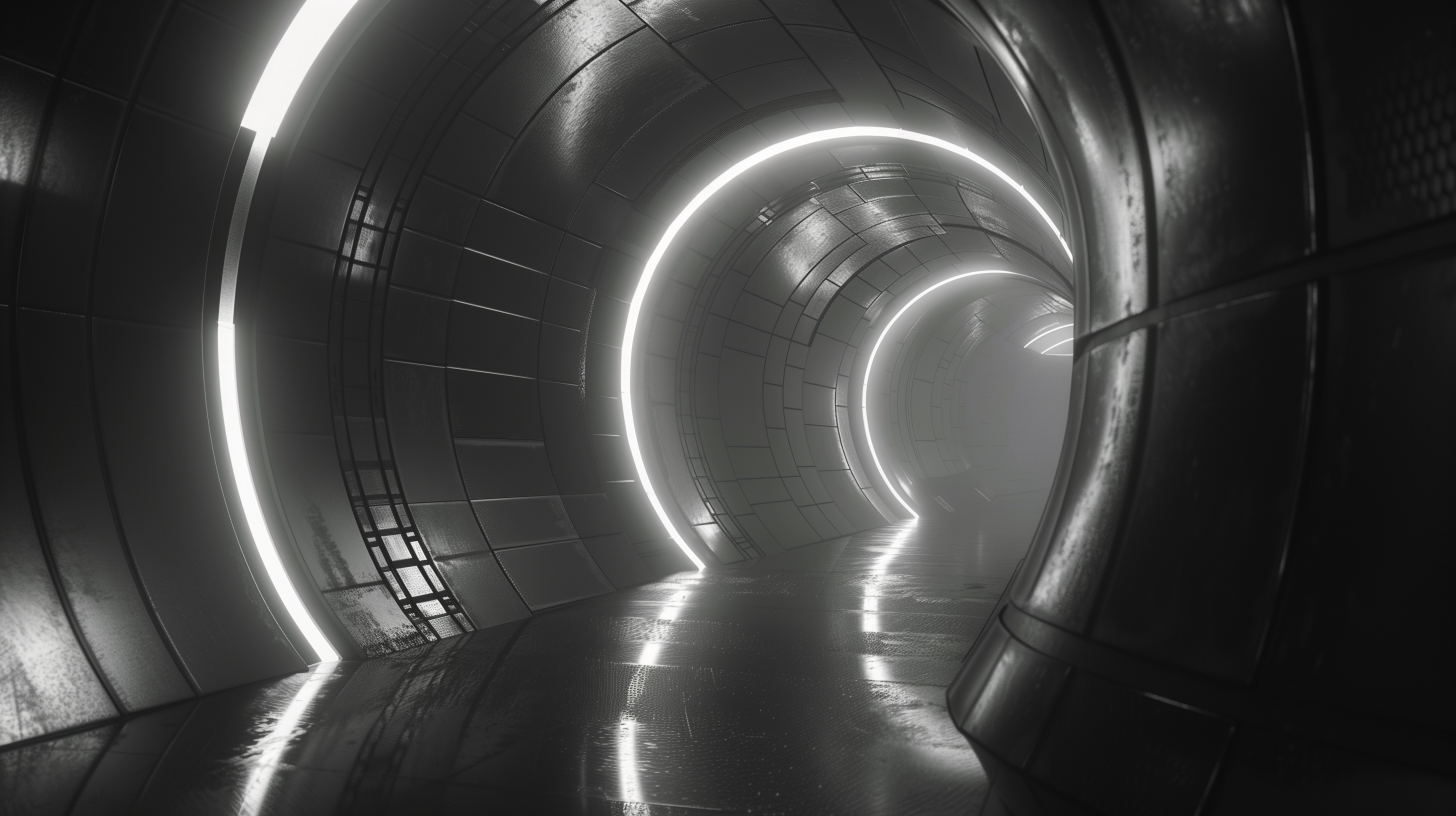 HD desktop wallpaper featuring a futuristic tunnel illuminated with bright white lights along its curved walls.