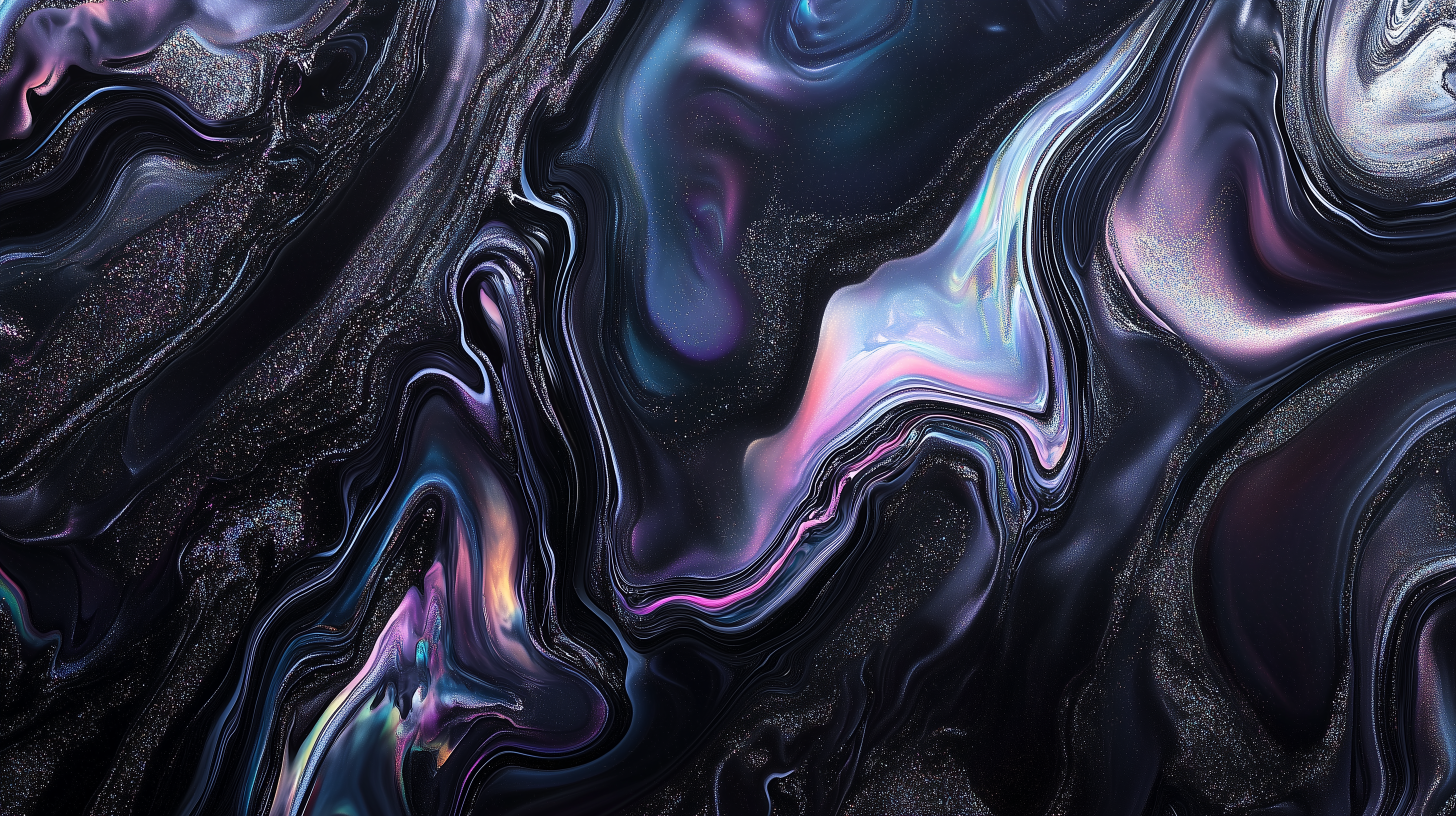 Abstract swirling patterns of black and iridescent colors resembling liquid oil, creating a mesmerizing and dynamic visual texture.