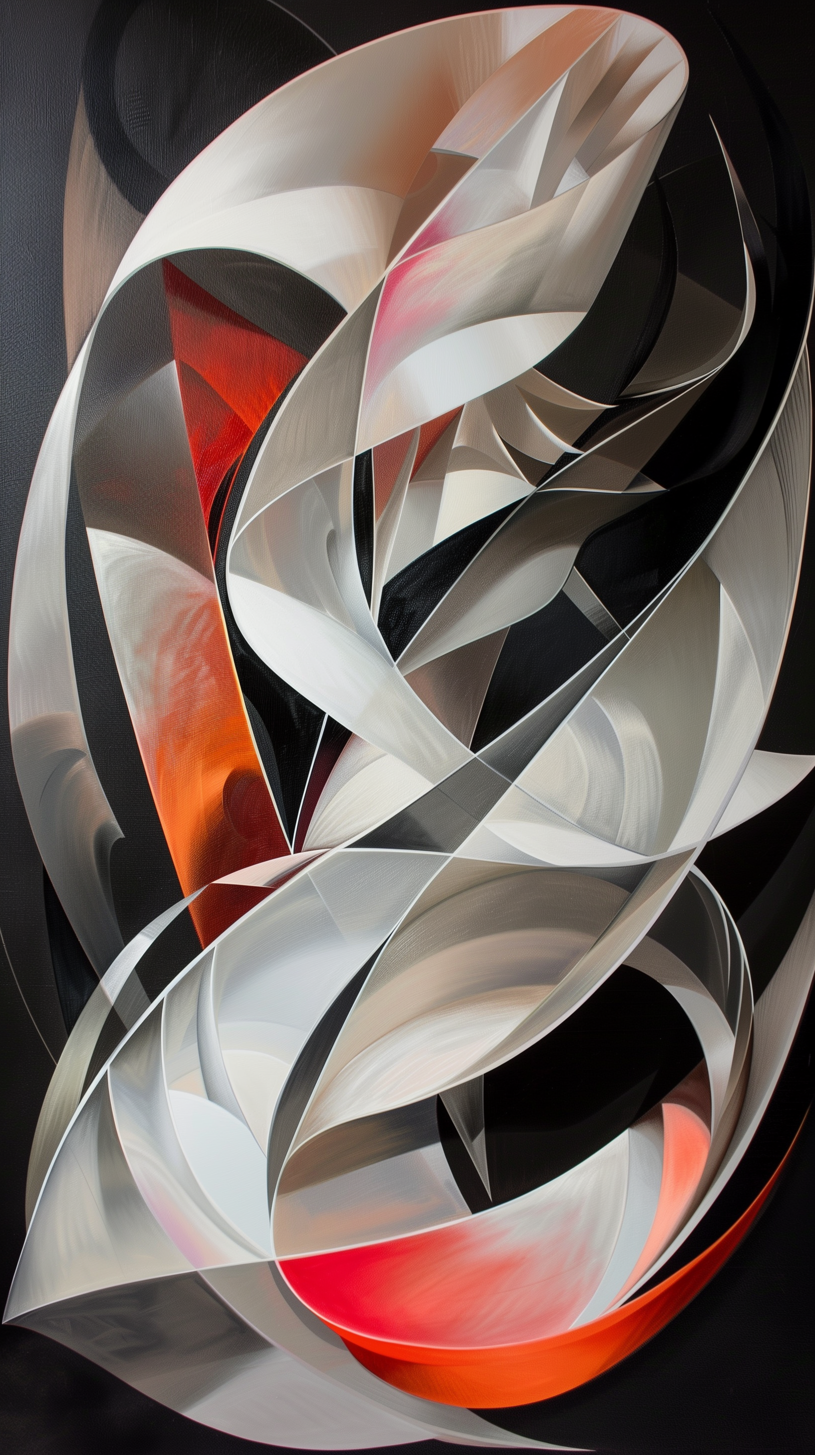 Abstract wallpaper featuring dynamic, flowing shapes in shades of silver, black, and red, creating a sense of movement and depth against a dark background.