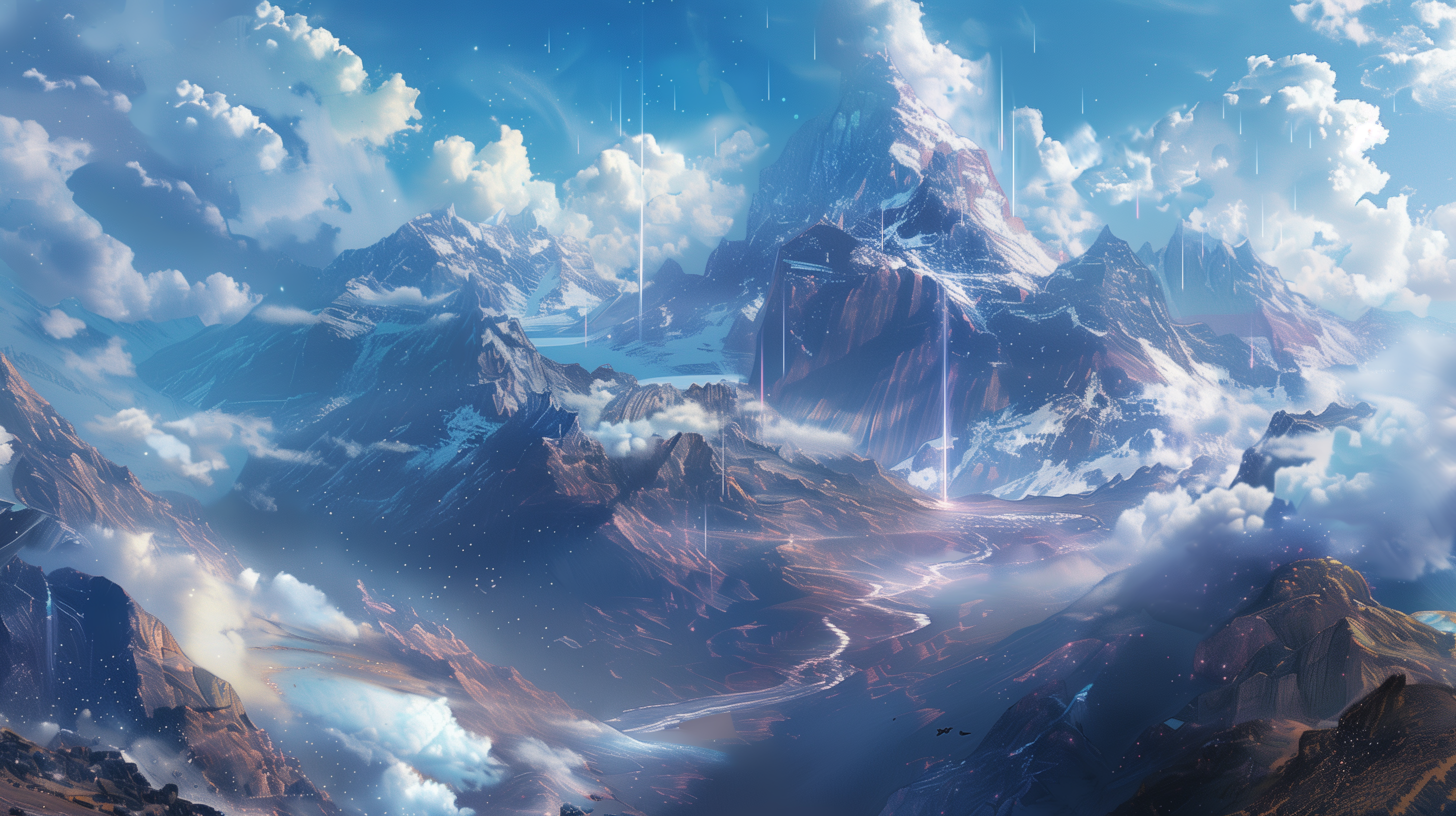 A breathtaking mountain landscape under a vibrant sky, featuring towering peaks, sweeping valleys, and dramatic clouds, creating a serene and majestic atmosphere.