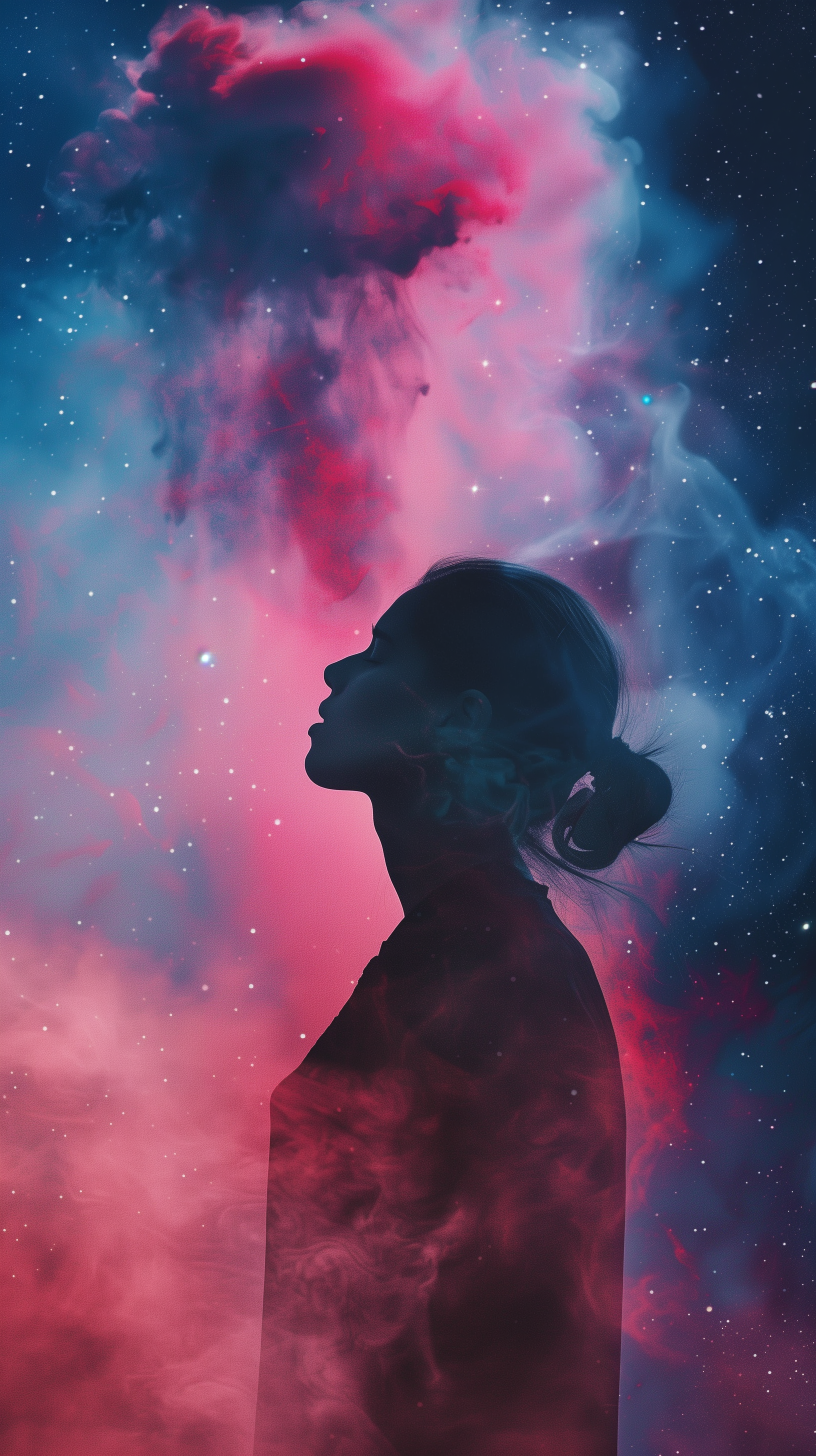 A silhouette of a woman against a vibrant starry sky filled with swirling colors of pink and blue, creating an aesthetic and dreamy atmosphere, suitable for a phone wallpaper.