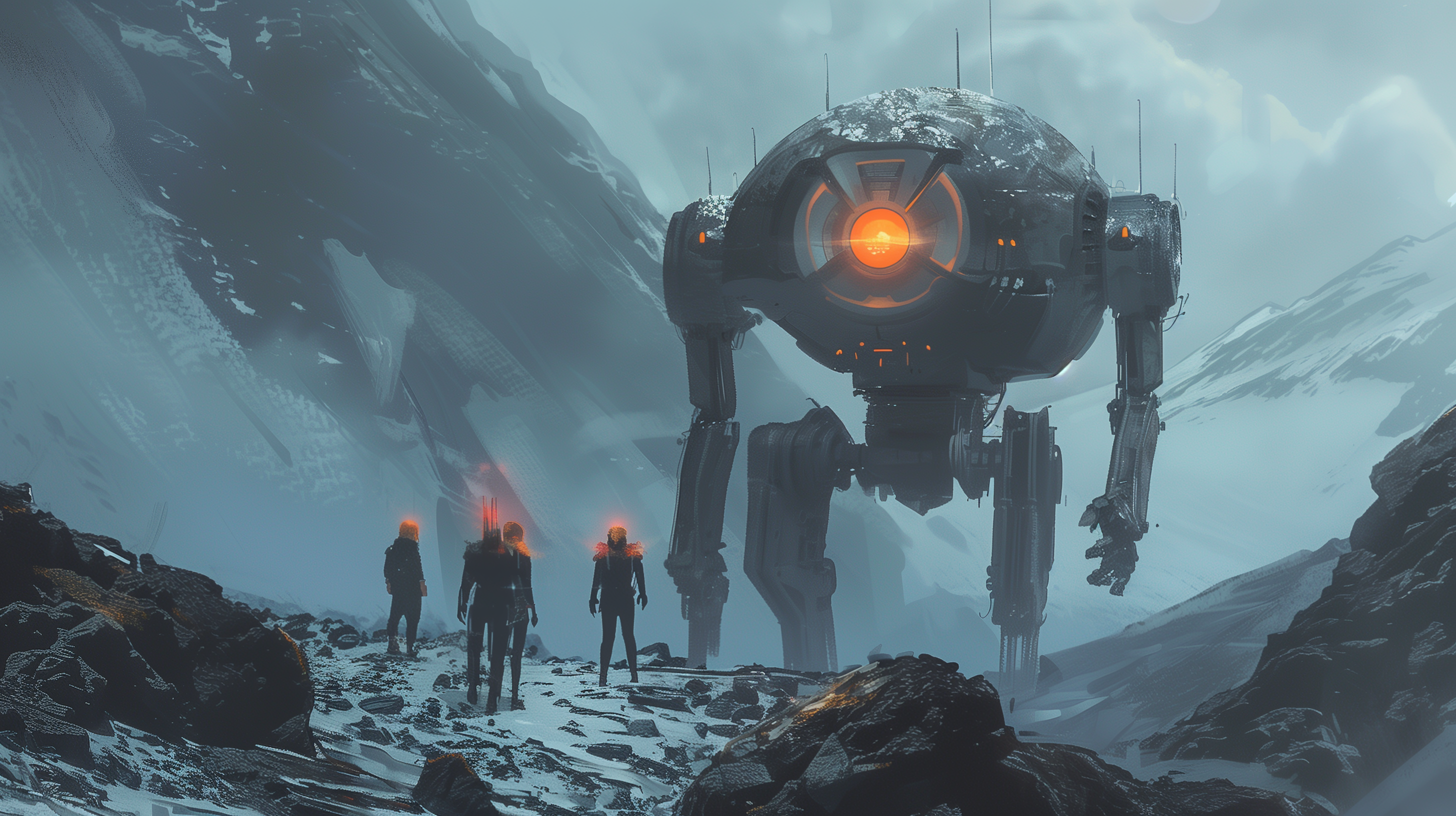 A sci-fi HD desktop wallpaper featuring a massive mech in a snowy, mountainous terrain, with several figures standing in front, illuminated by the mech's glowing red eye.