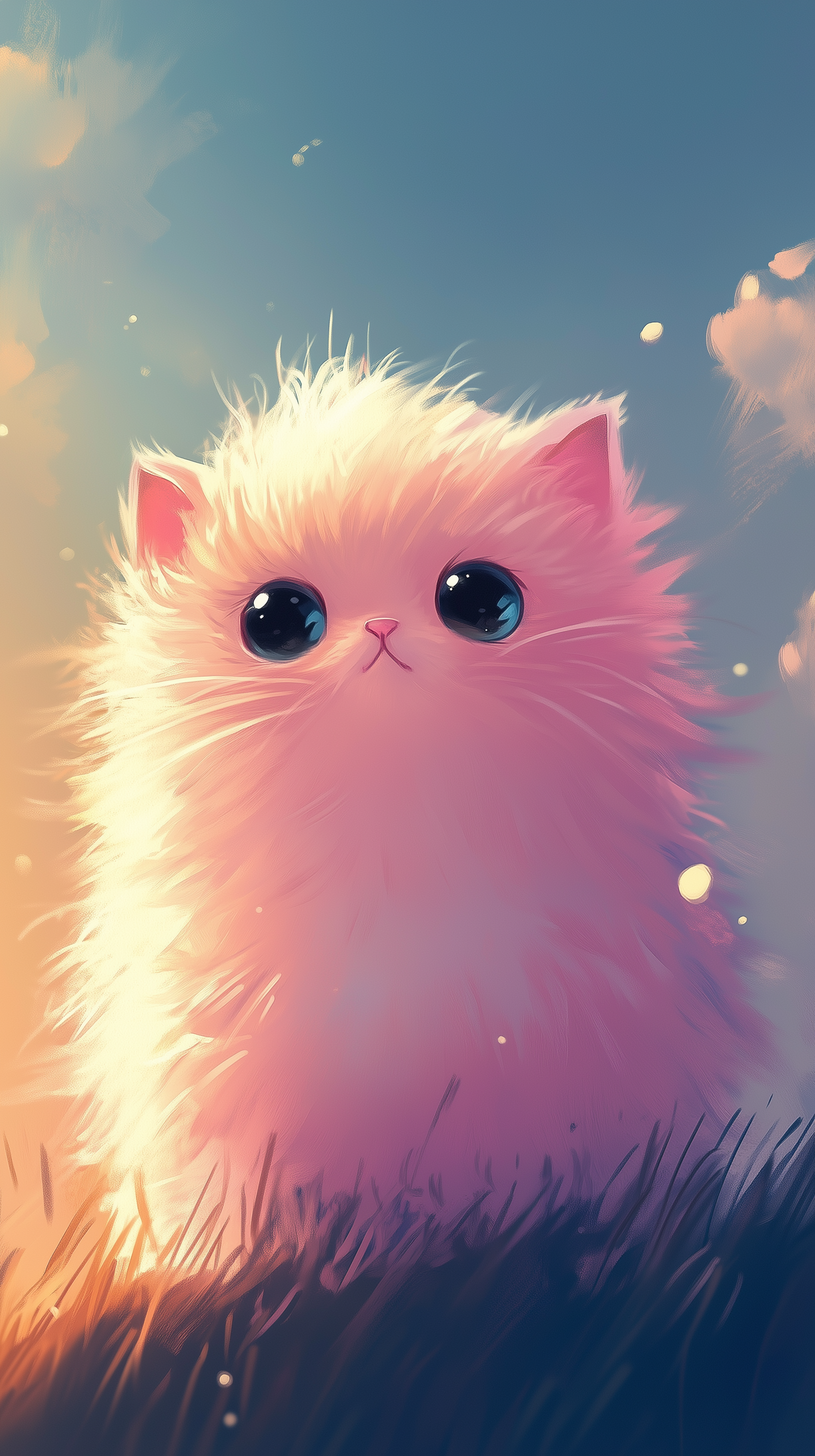 A cute, fluffy cat with big eyes sits in a grassy field, its soft pink fur glowing in the gentle light of dawn, creating a dreamy and whimsical atmosphere.