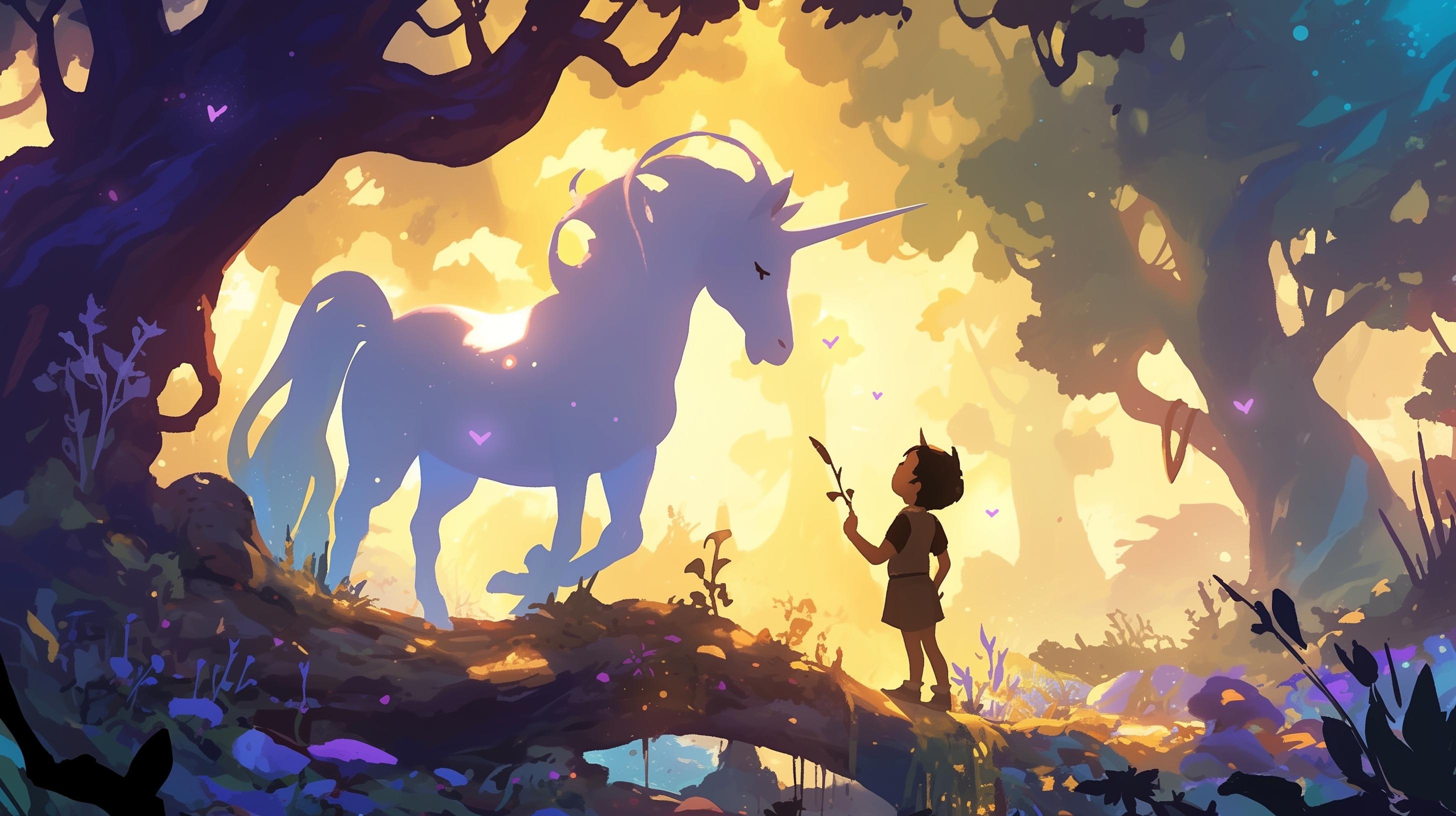 A fantasy HD desktop wallpaper featuring a glowing unicorn standing in a magical forest as a child holding a feather approaches it. The scene is bathed in warm, enchanting light.