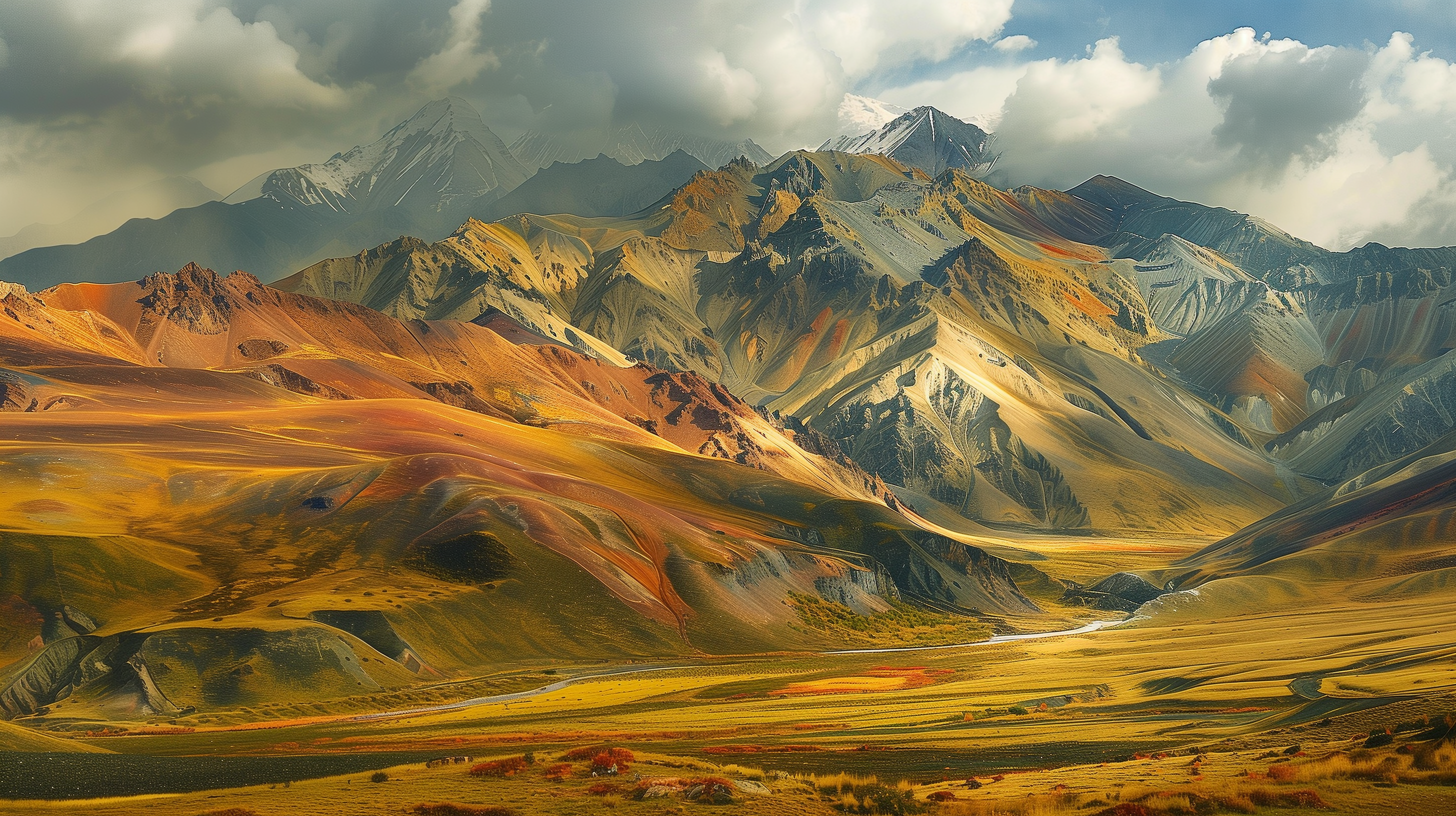 A stunning mountain range with colorful slopes and sharp peaks under a cloudy sky, showcasing rich hues of orange, green, and gray. A serene valley meanders through the landscape.