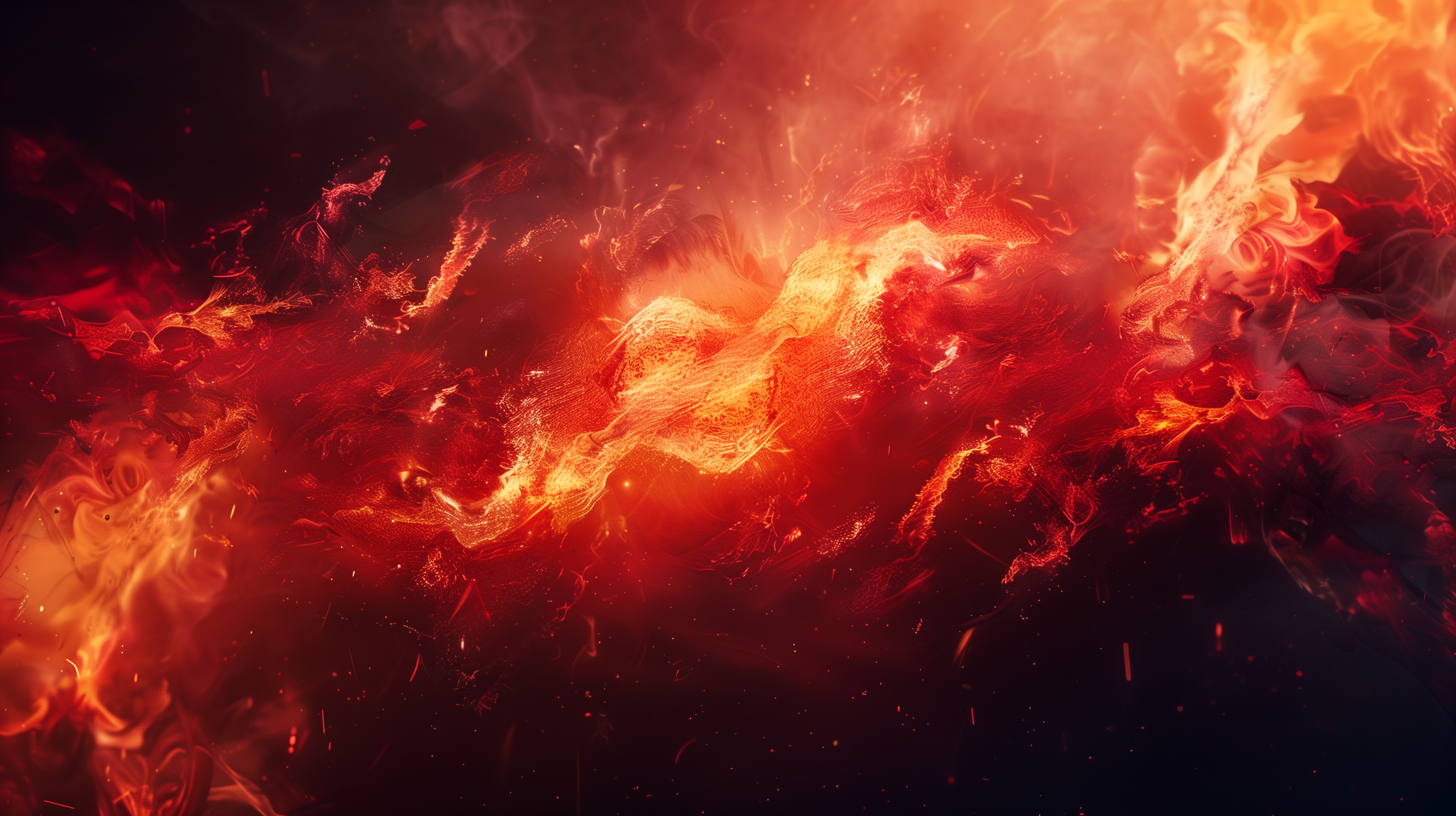 An abstract depiction of swirling flames in vibrant reds and oranges, creating a dynamic and energetic visual that resembles fire against a dark background.