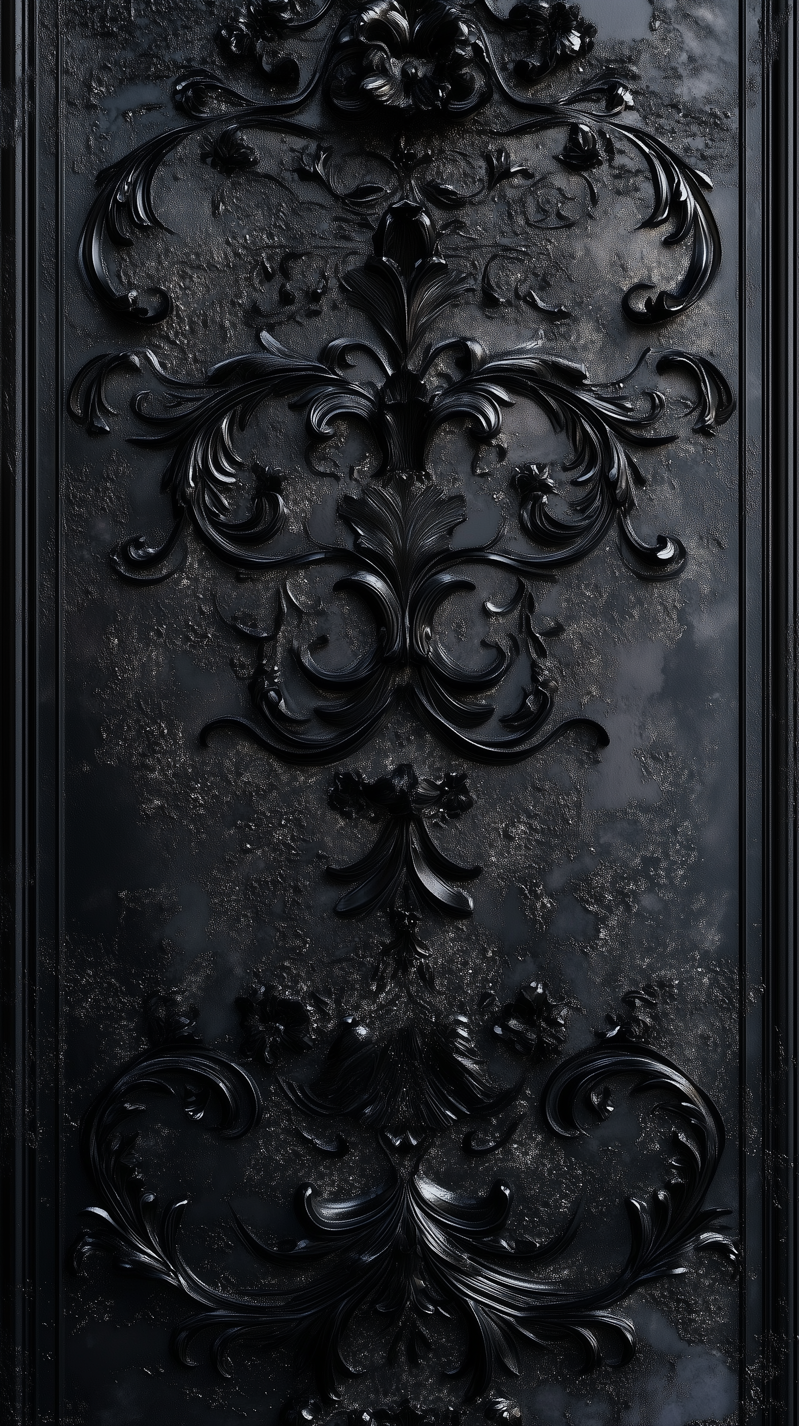 A black Victorian-style wallpaper featuring ornate, intricate patterns and textures, showcasing a blend of elegance and depth with a dark, dramatic finish.