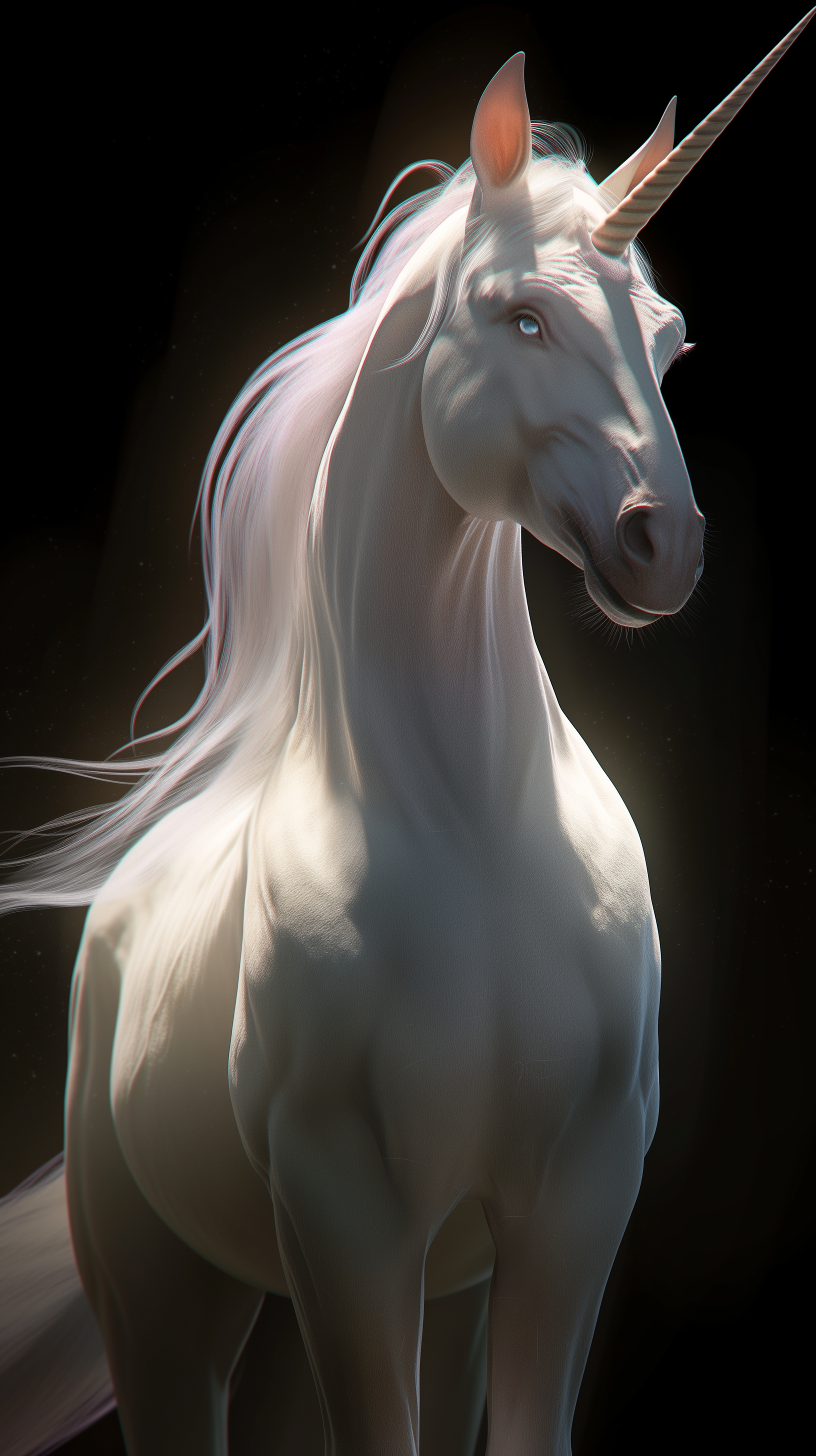 A majestic unicorn with a luminous white coat and flowing mane stands against a dark background. HD iPhone wallpaper.