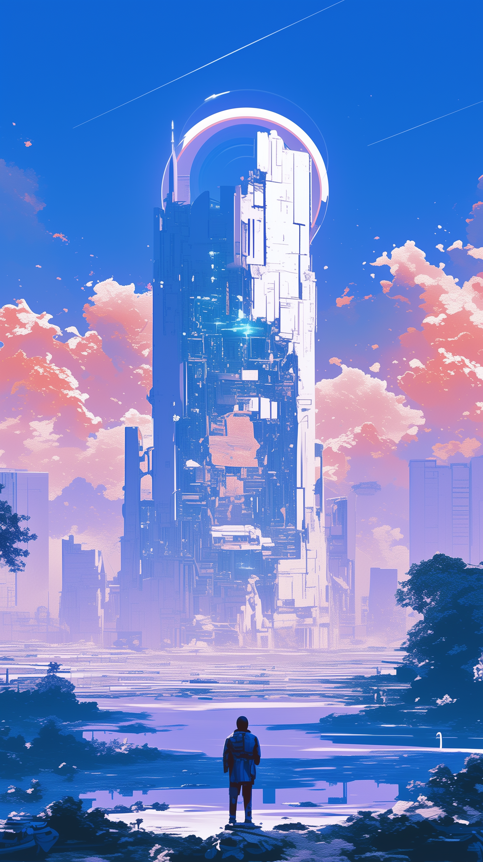 A lone figure stands before a towering futuristic cityscape, bathed in ethereal light under a vibrant sky. This HD sci-fi wallpaper captures the grandeur and mystery of a utopian metropolis.