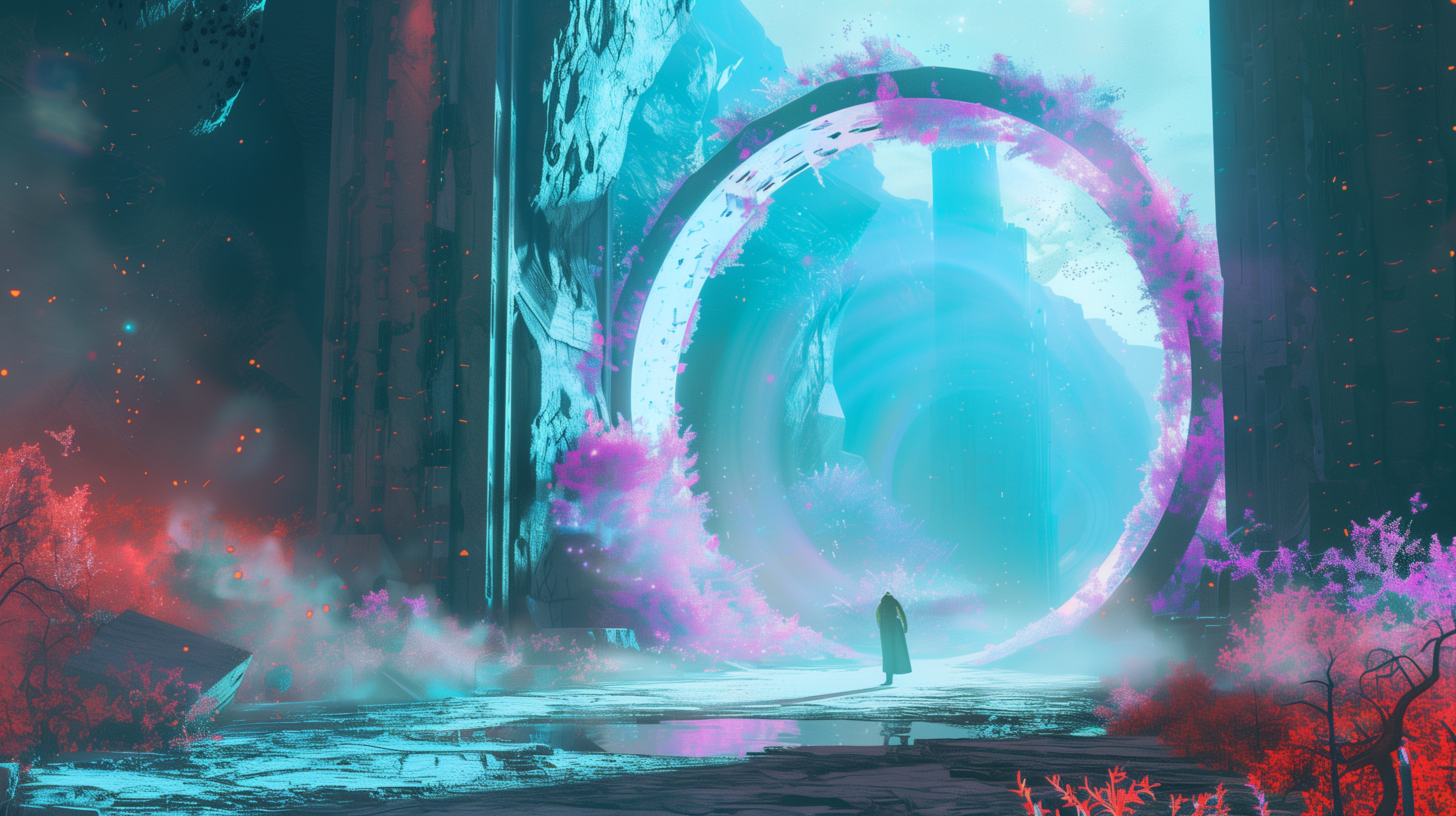 A stunning HD desktop wallpaper depicting a fantasy scene with a large, mystical structure adorned in vibrant pink foliage, mist, and a lone figure walking towards an ethereal portal.