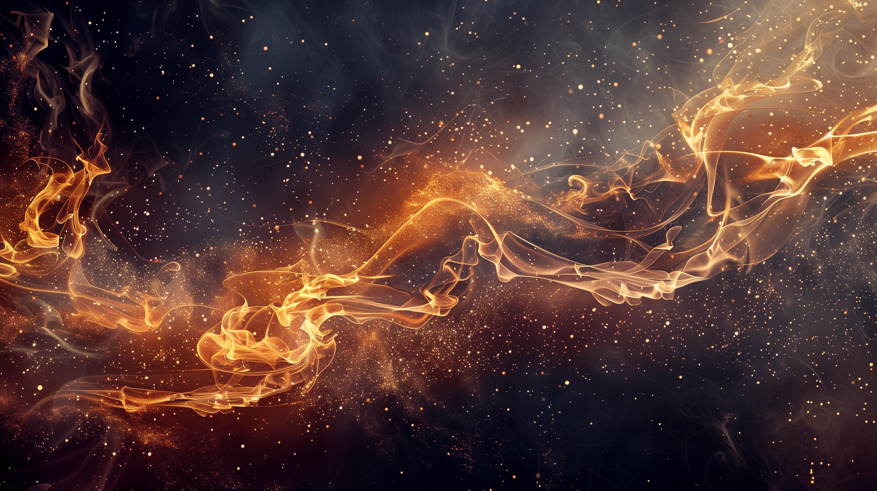 A vibrant, abstract image featuring flowing orange and gold fluid shapes against a dark background, intertwined with sparkling particles and wisps of smoke.