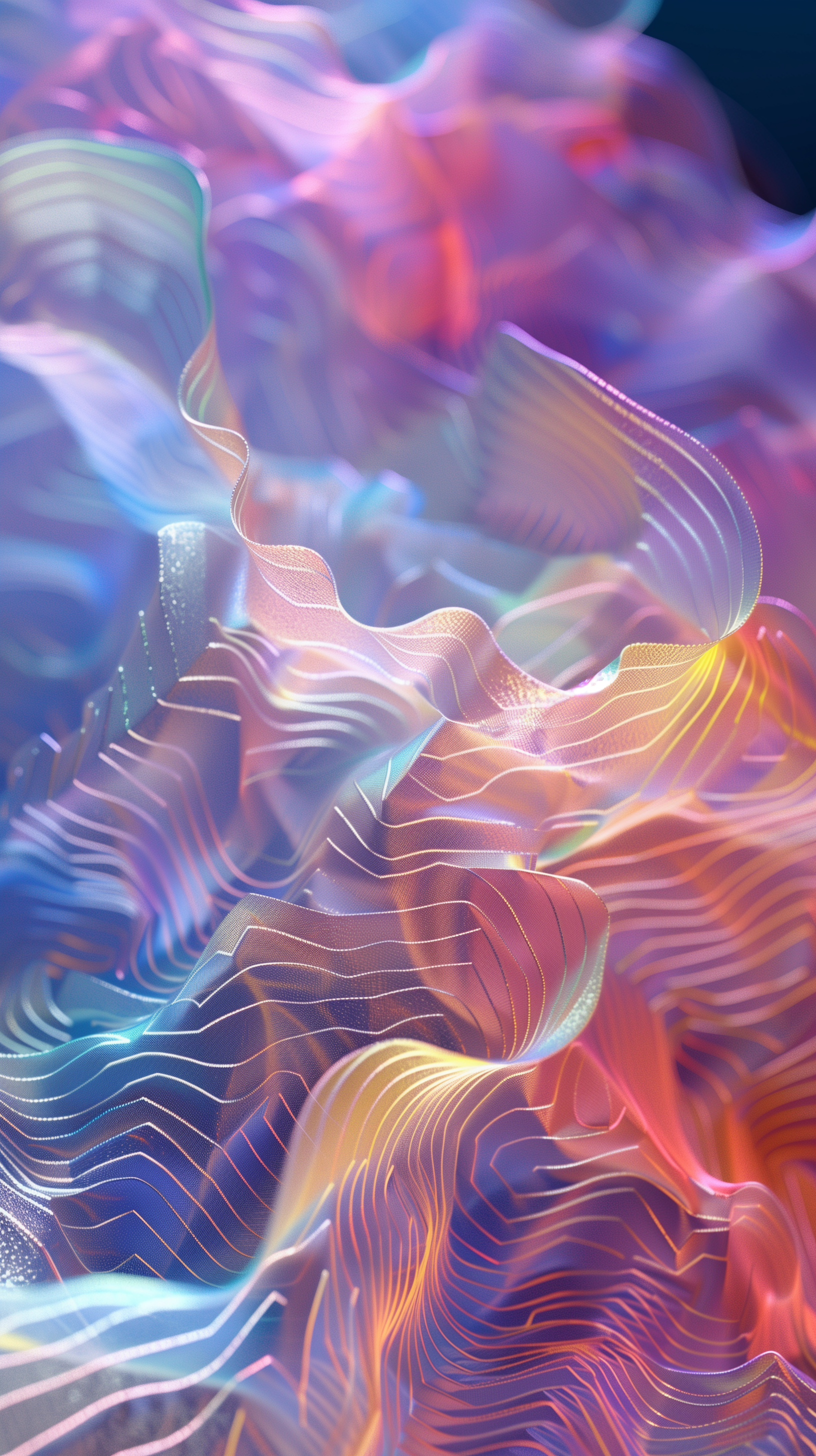 Abstract swirls of vibrant colors in shades of pink, blue, and orange create a dynamic, flowing pattern, resembling waves of light and texture, suitable for an HD iPhone wallpaper.