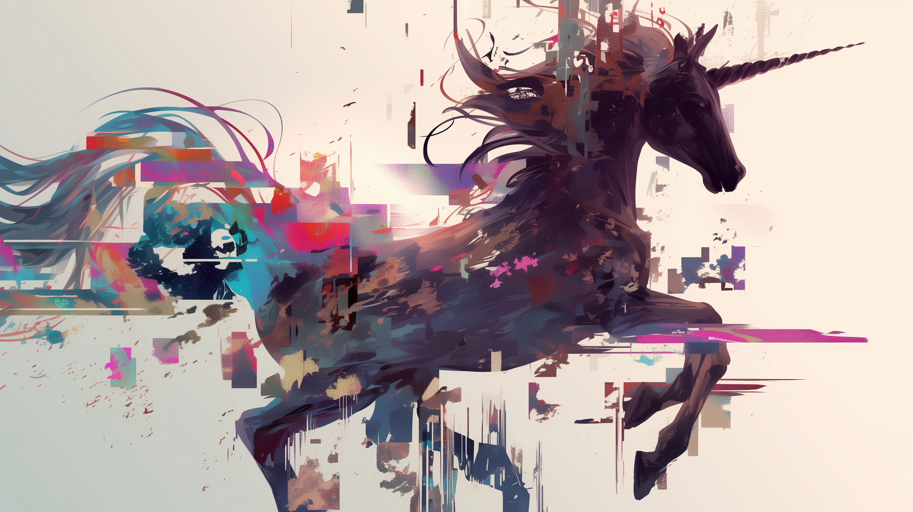 A digitally glitching unicorn gallops amidst a splash of vibrant colors, creating a captivating HD desktop wallpaper.