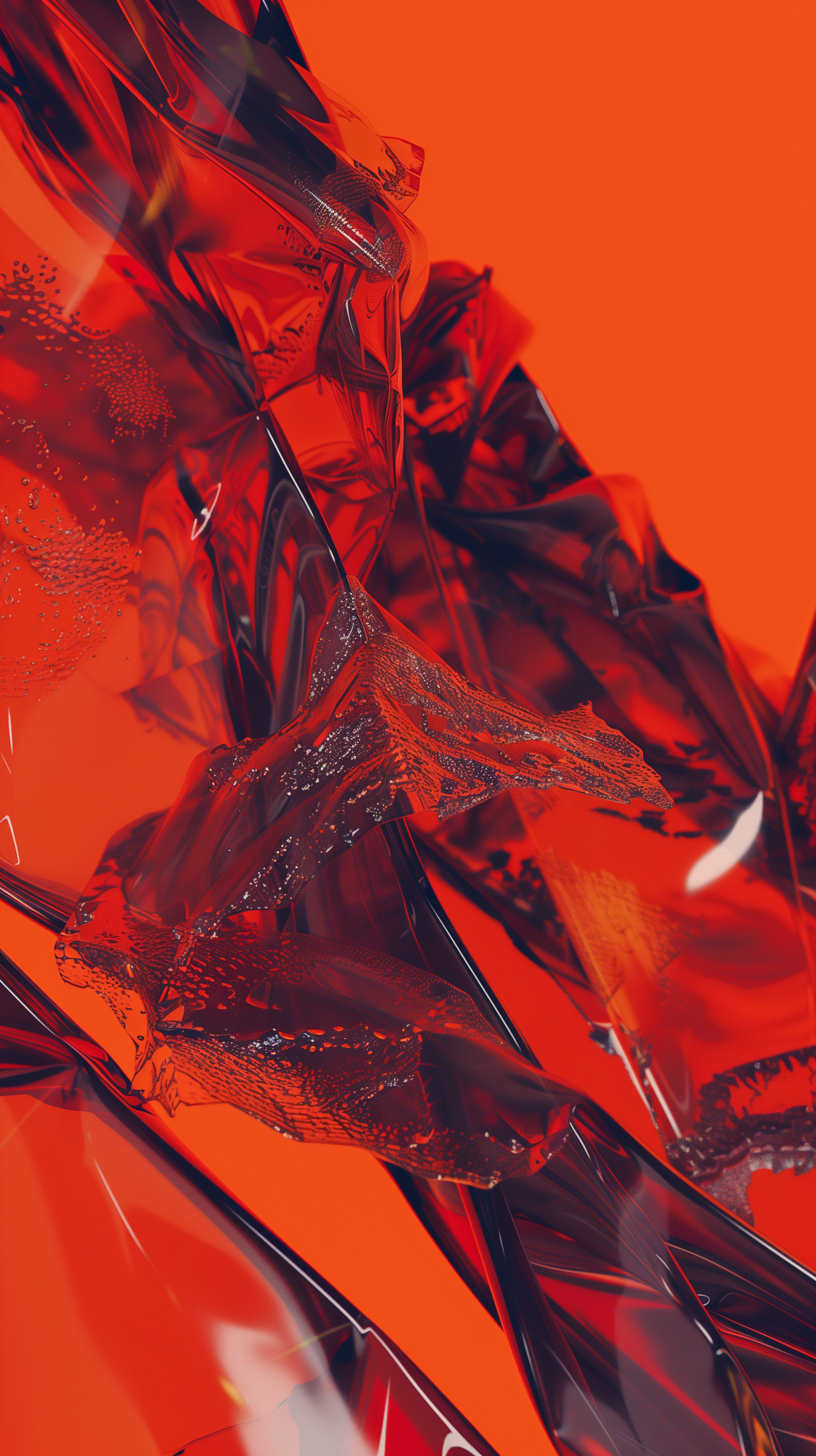 An abstract design featuring folded, shiny red and black surfaces against a bright orange background, creating a dynamic and vibrant visual effect, suitable for an HD iPhone wallpaper.