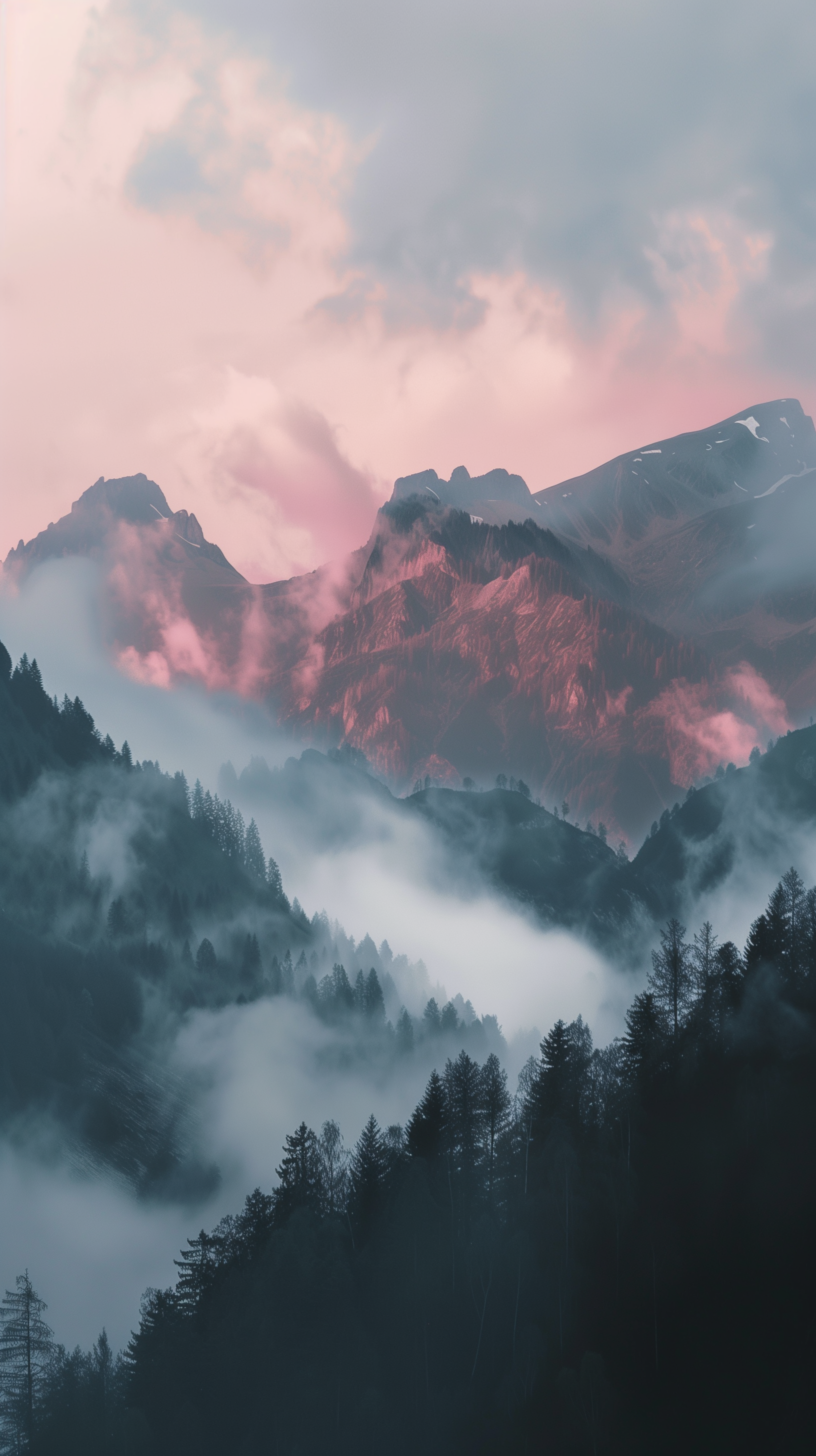 A serene mountain range shrouded in mist and clouds during sunset, with soft pink hues illuminating the peaks and the dense forest below.