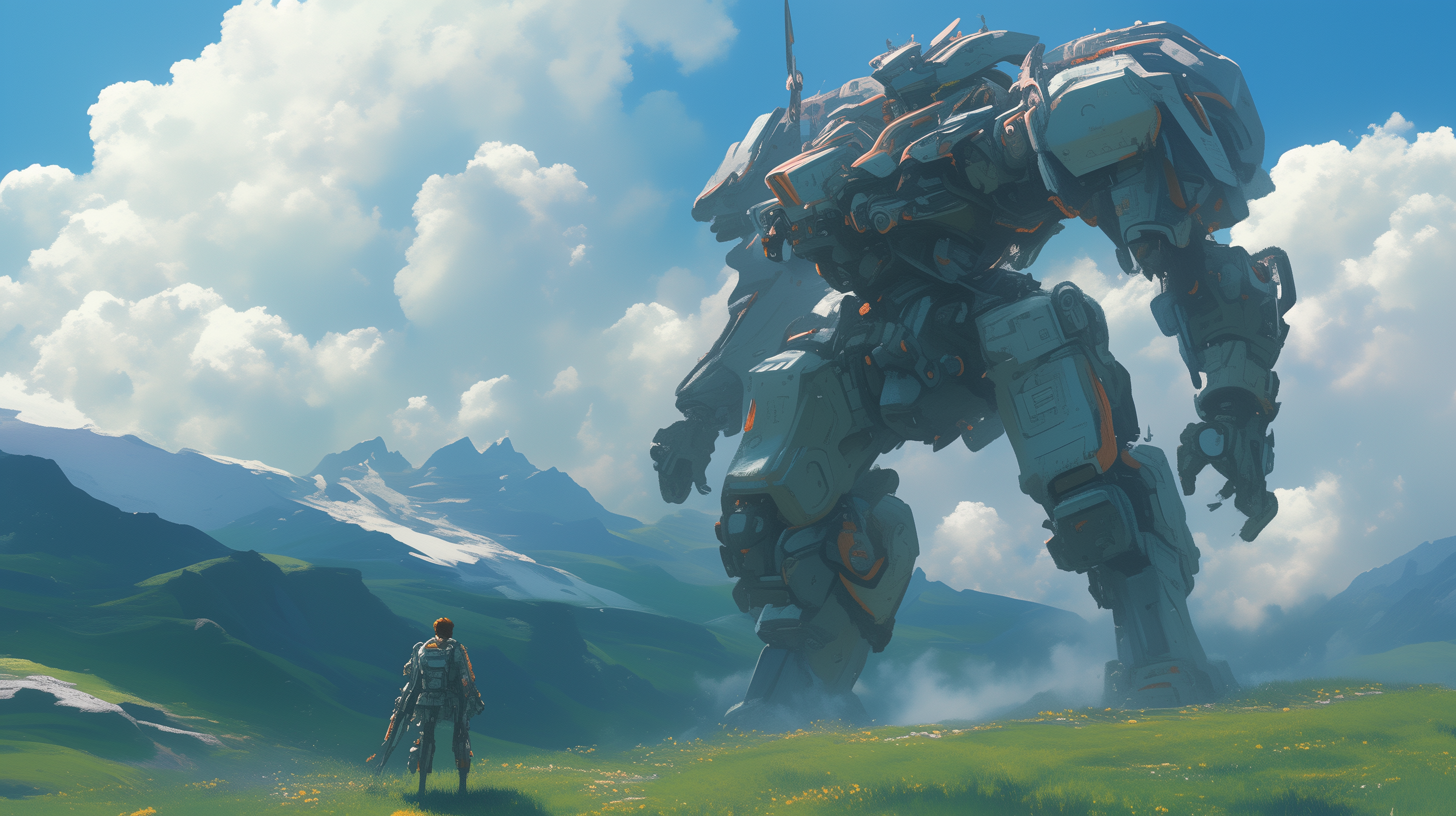 Anime-style sci-fi scene featuring a towering mech and a lone figure in a lush, mountainous landscape under a bright sky with fluffy clouds.