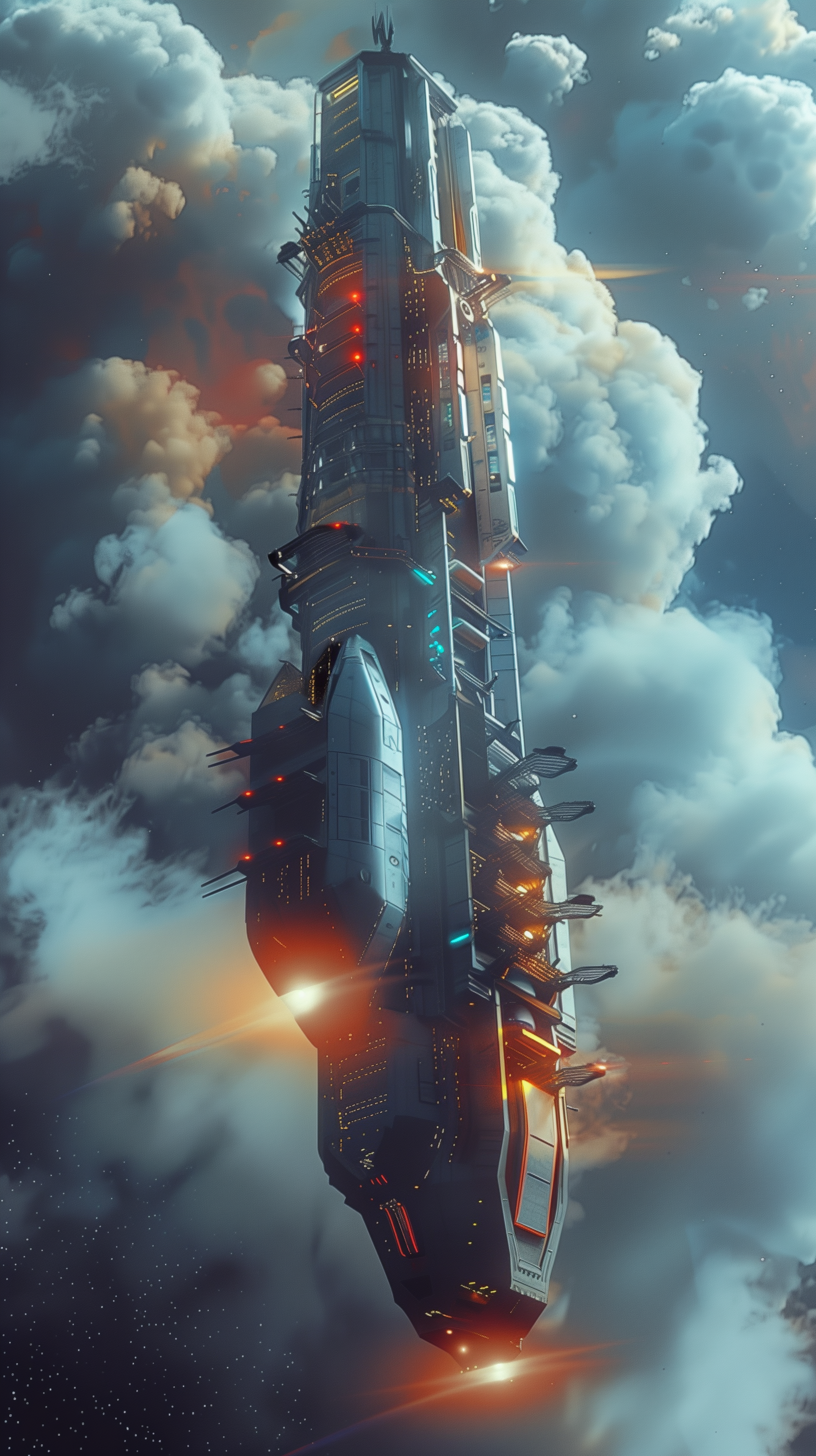 A towering sci-fi spaceship with glowing lights flies through clouds, creating a futuristic and adventurous HD phone/iPhone wallpaper.