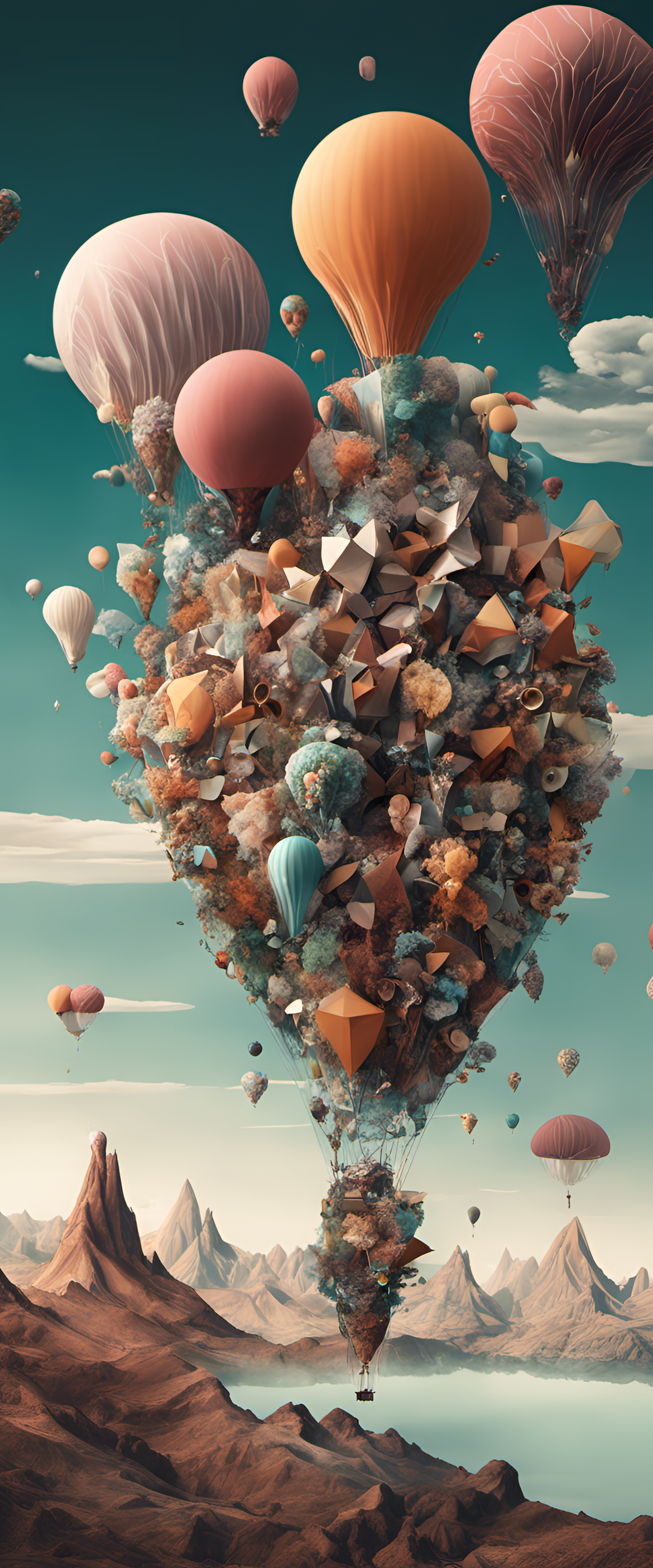 Surreal 3D wallpaper with abstract geometric shapes.