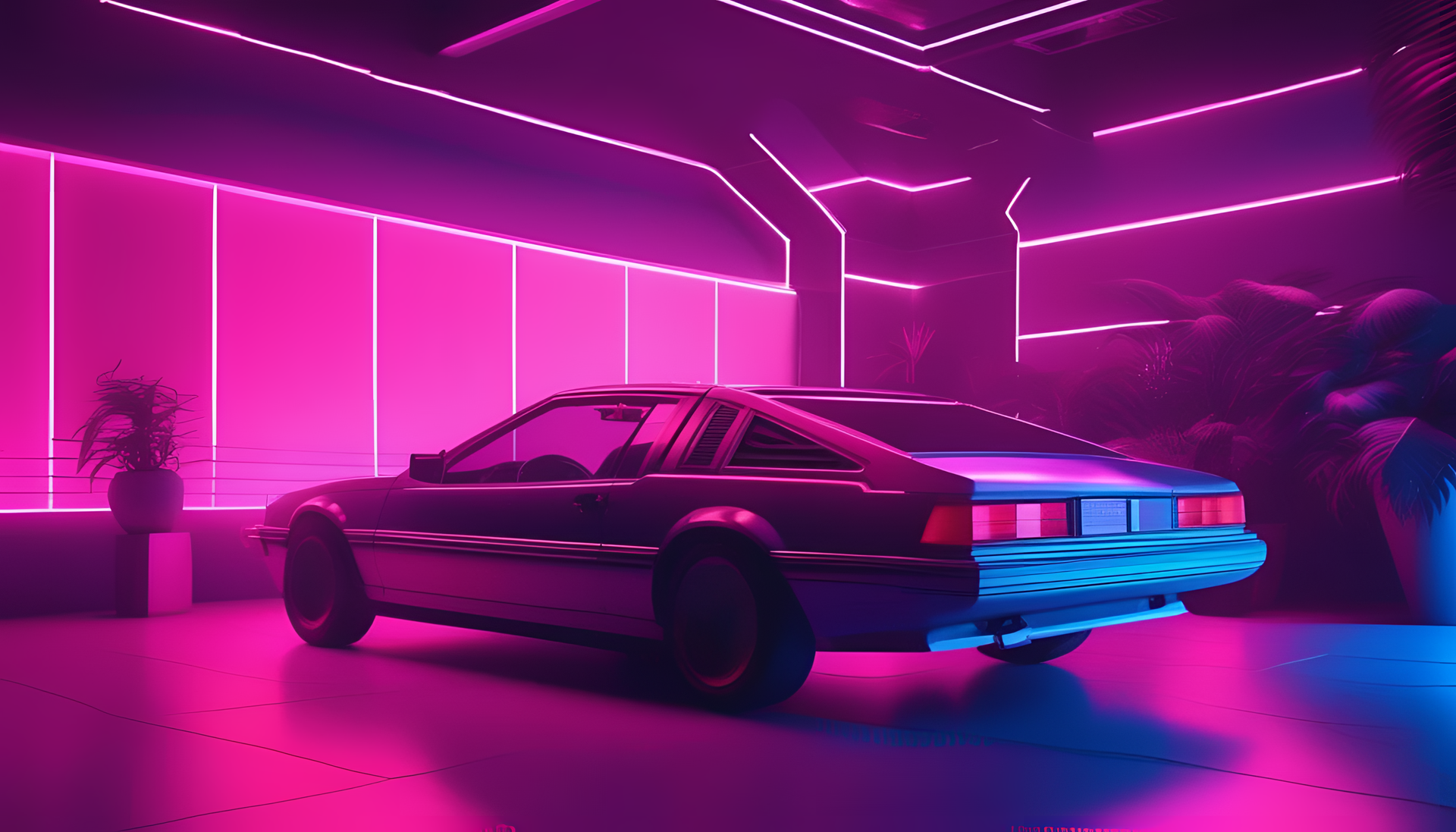 Retrowave cityscape with neon lights.