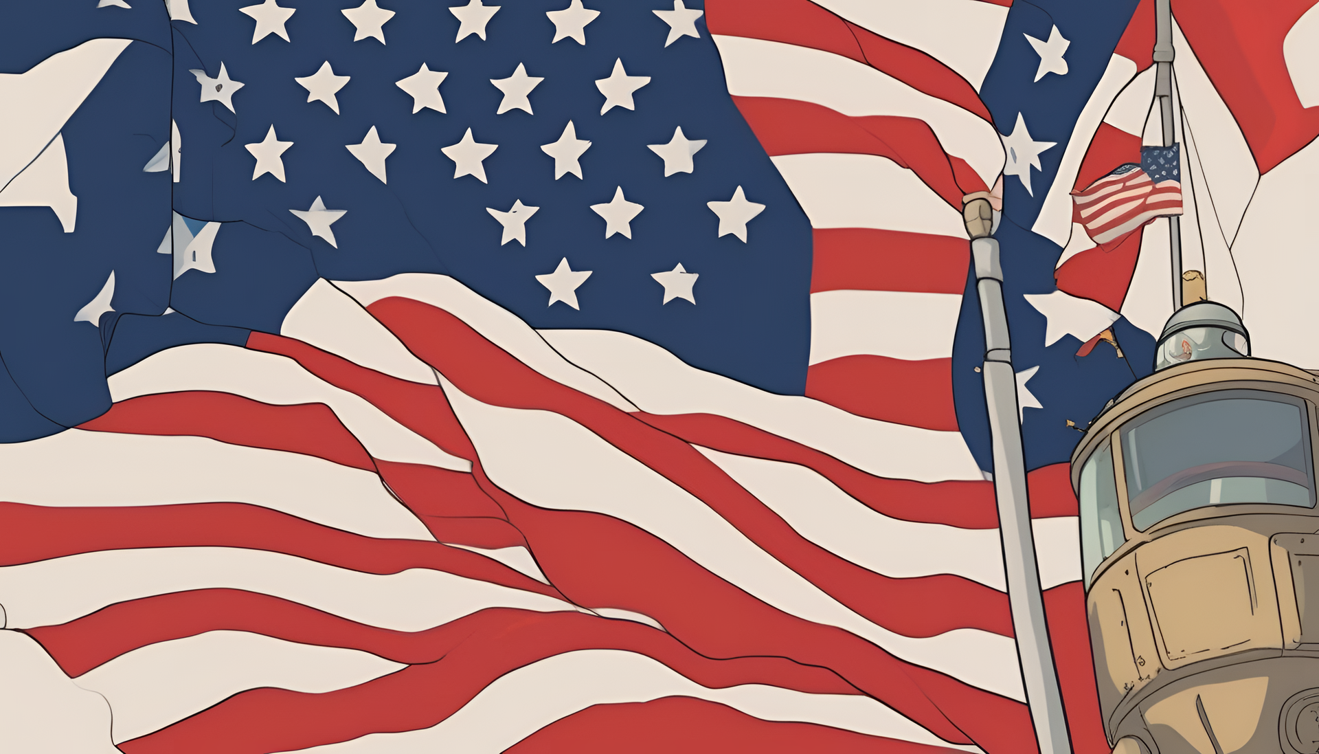 Ghibli-inspired American flag flying under a blue sky on a desktop wallpaper.