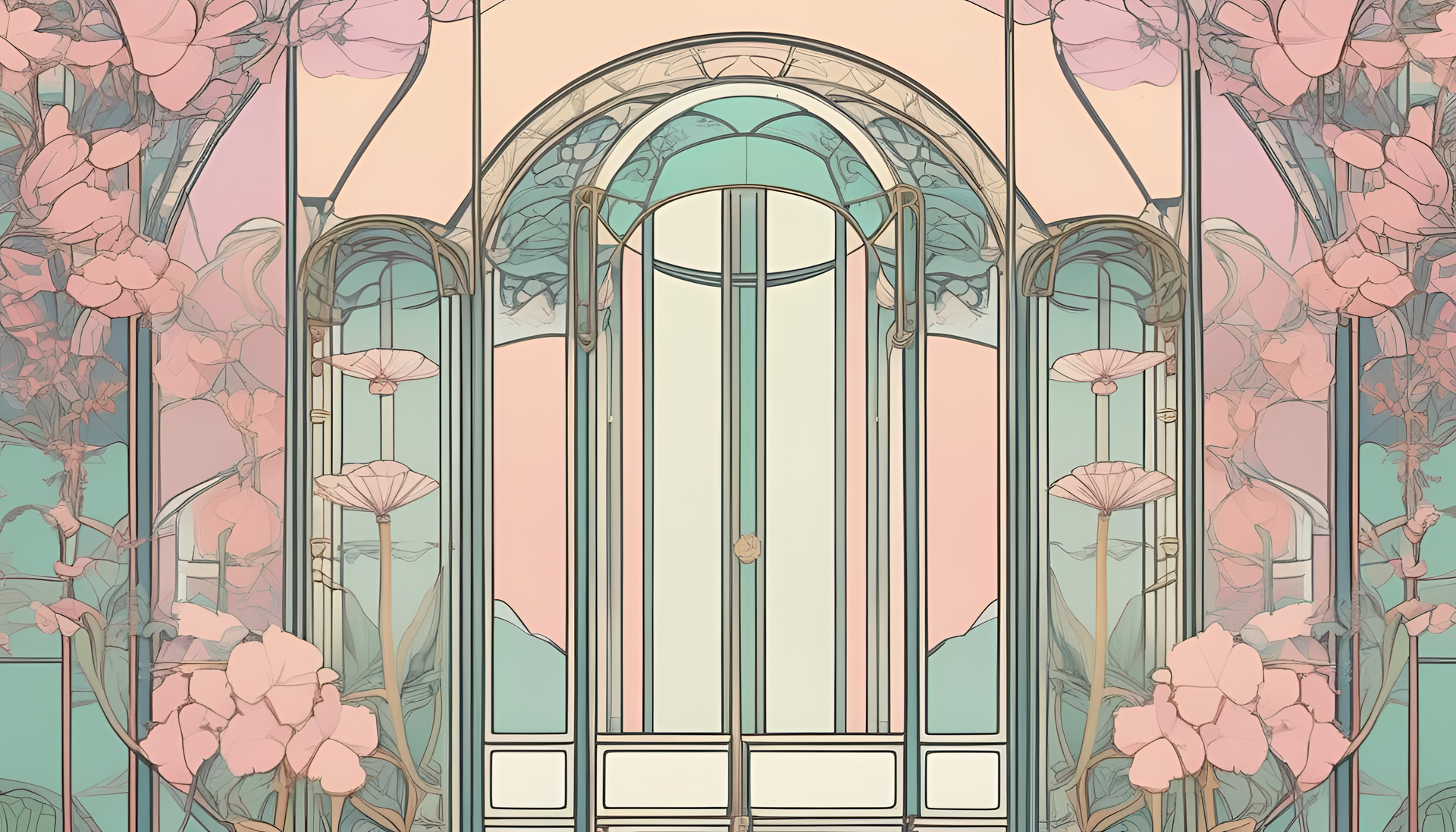 Art Nouveau-inspired anime wallpaper with pastel colors.