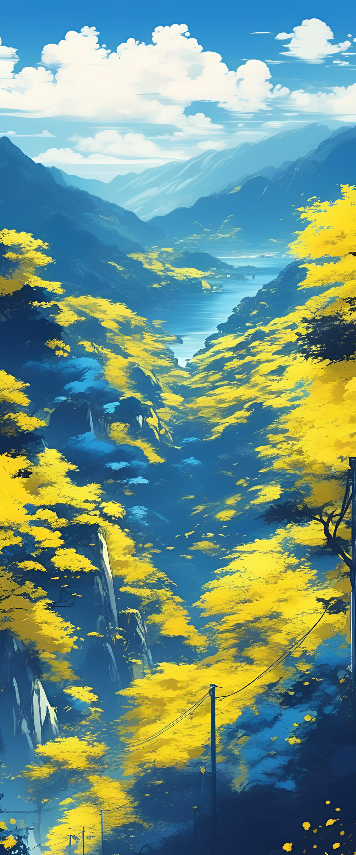 Vibrant blue and yellow anime wallpaper.