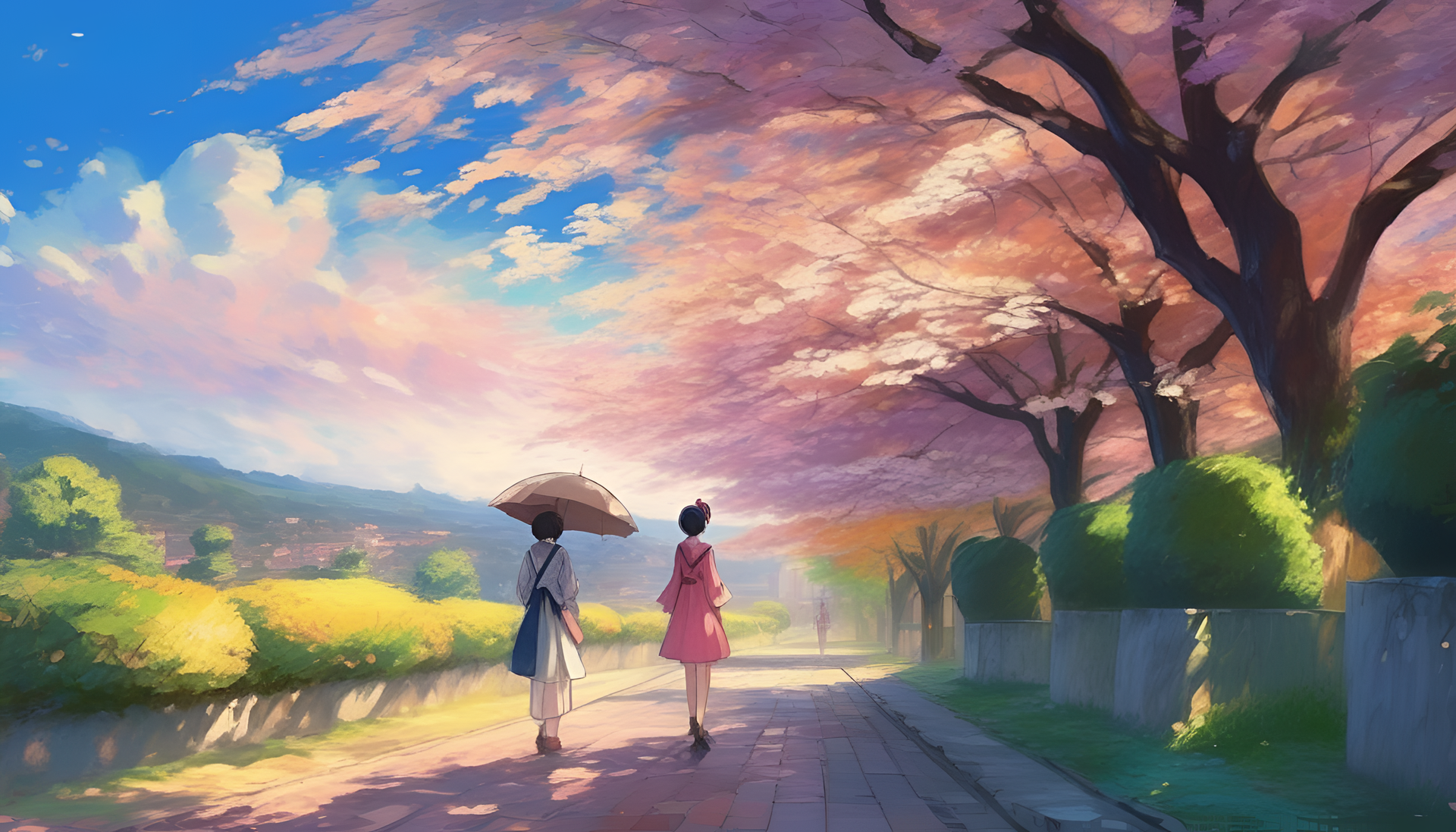 Impressionist anime scenery with blooming sakura trees.